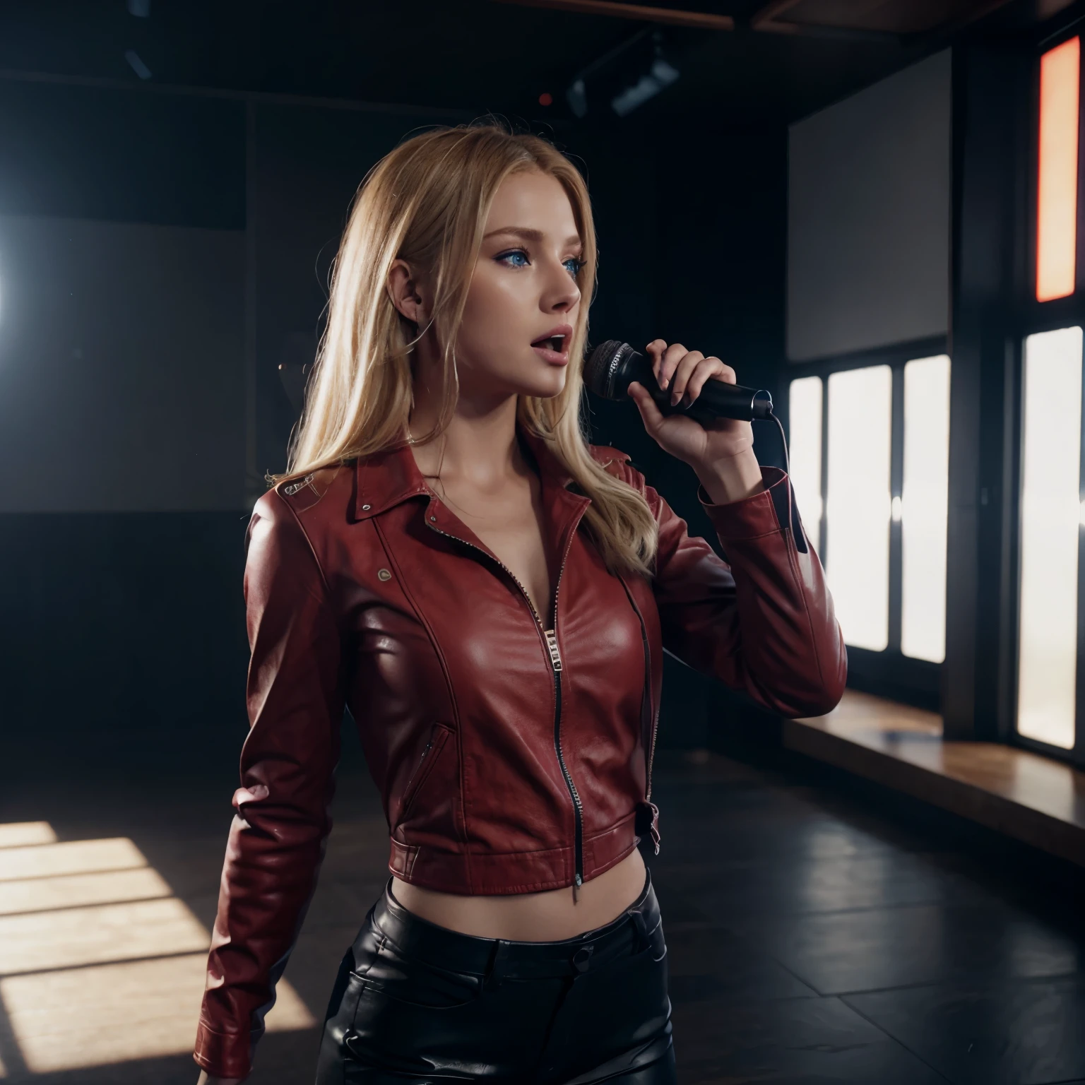 Blonde woman, blue eyes, singing with a microphone, red leather jacket, black pants, perfect body, ultra-realistic HD, 8K render, realistic, cinematic, photorealistic, Unreal Engine 5, bright sunny day, full screen.