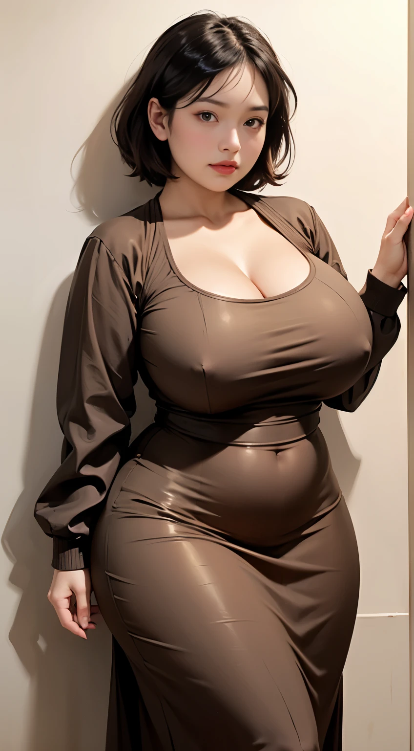 woman in brown dress and shorts hairstyle Leaning against the wall of the dark room, wearing a polite brown clothes , hijab outfit, with a long brown dress , longest dress fashion model, plus size, plus size woman, wearing brown longest dressed , woman in brown longest dress , beautiful Indonesia woman, thicc, brown outfit,, wearing a brown robe, brown , with longest hand clothes , bbwchan, large cleavage, very large cleavage, massive cleavage , wearing a sneakers, 35 years old woman, asian women , short hair , full body, thick neck , massive thighs , thick cheeks , Indonesian goddess
