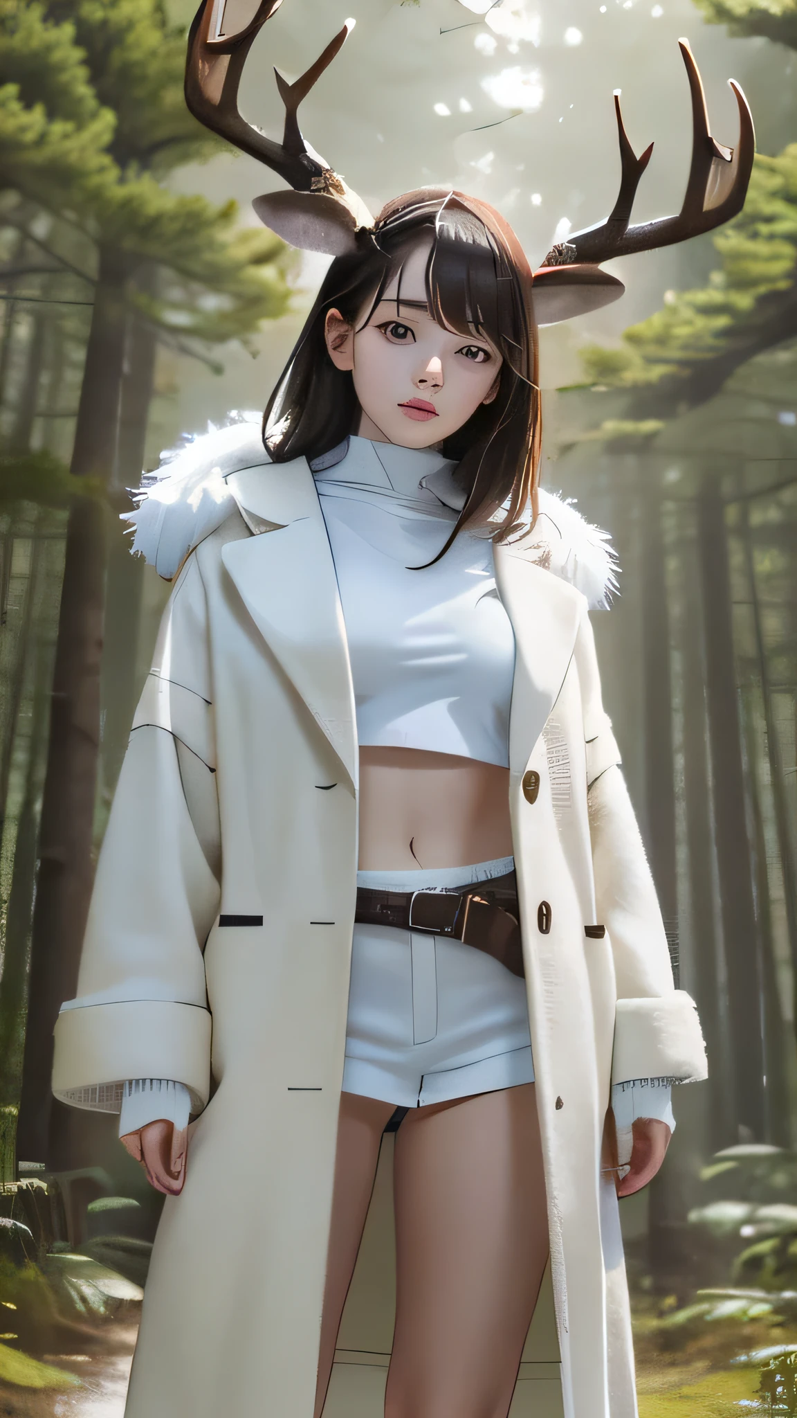 (((masterpiece))),((highest quality)),one beautiful girl,pale, (Character that is a fusion of human and deer: 1.5), 、(((Deer horn:1.5)))、(feet are hooves 1.5)、(belly button)、((fur covers the body:1.5)),(Private Server), (exposure of skin),(The background is in the forest:1.5).(((from the front:1.5)))、(straight front: 1.5)、(standing in the forest:1.5)
