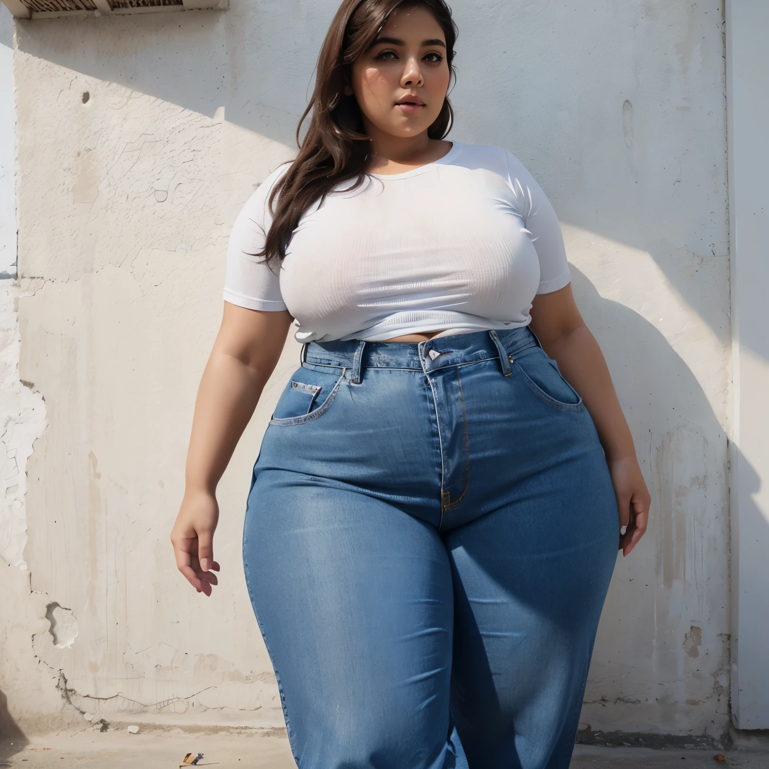 A brown chubby curvy lady in a blue jeans and white t-shirt with a brand name ummi's klasics 