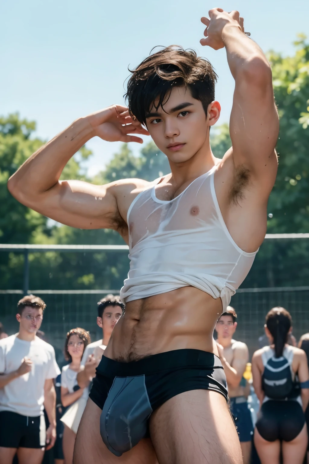 Very Rainy day, very wet body, Hairy stomatch, very hairy abs, Very bushy hairy armpits, hairy pubic, hairy crotch, white sleeveless shirt, Super Realistic photography, PROUDLY SHOWING OFF HIS BODY, Cute student Wearing white tanktop, NO PANTS, DETAILED, sexy student, wearing soaked tanktop, ABS EXPOSED, Very wet body, very wet, crowded outdoor school court, pantless just wearing soaked white thong, Showing off his very hairy armpits, Slim fit body, teen, very cute boy face, 17 yearsry young teenager boy, Amazinurt scenery, in the middle of Crowded court, dickprint, Sweat dripping all over the body, Proudly showing off his sweaty very hairy armpits to student in the classroom, The colors are bright and vibrant, enhancing the overall aesthetic. The lighting is soft and natural, casting a soft glow on the boy, don't merge body's, detailed eyes and lips, sixpack and fit body. Image quality is of the highest standard, with ultra-detailed features and a realistic appearance.