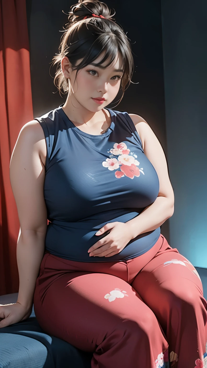 ((中景 the scene is,A full body))1 girl, Obese body, generous dimensions, face round, double chin, Overweight,Short hair tied up ,Sleeveless blue and red floral shirt,Highlight the breasts,Put her weight on her stomach,looks into camera,black room background,ssmile,