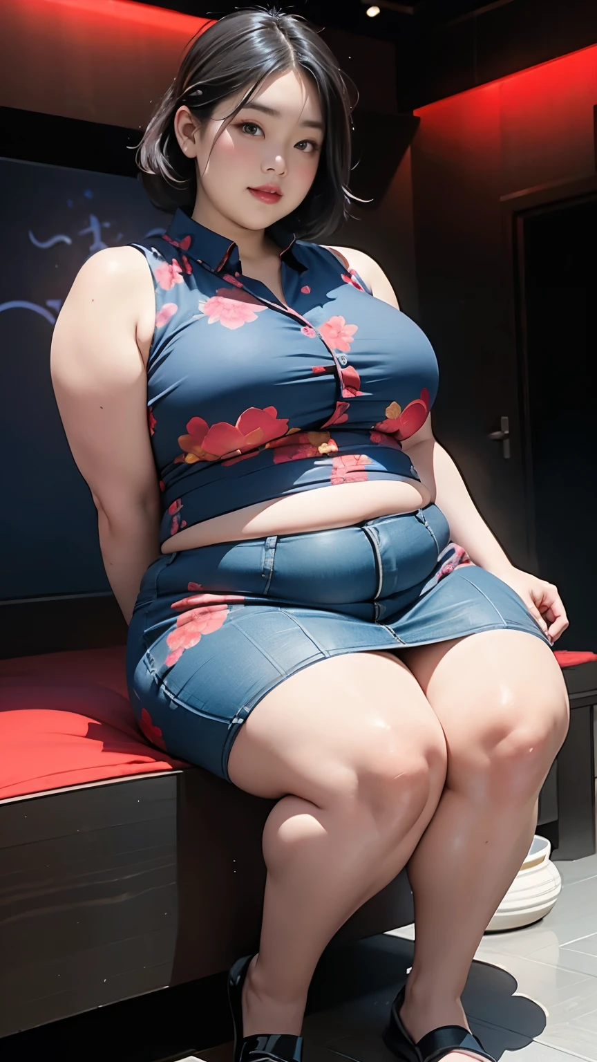 ((中景 the scene is，A full body))1 girl, Obese body, generous dimensions, face round, double chin, Overweight,Short hair tied up ,Sleeveless blue and red floral shirt，Highlight the breasts，Put her weight on her stomach，looks into camera，black room background，ssmile，