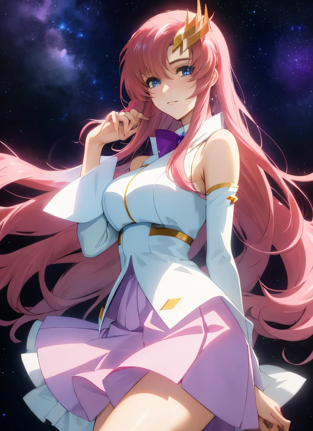 Masterpiece,detailed eye,detailed skin,detailed face,shiny skin,detailed hair,8k,wallpaper,Kyoto animation,Lacus clyne,gundam seed , solo, pink hair, straight hair, hair ornament, white detached sleeves, blue eyes, luxurious white dress, luxurious purple skirt, luxurious long skirt, very long hair, bare shoulders, stars background 