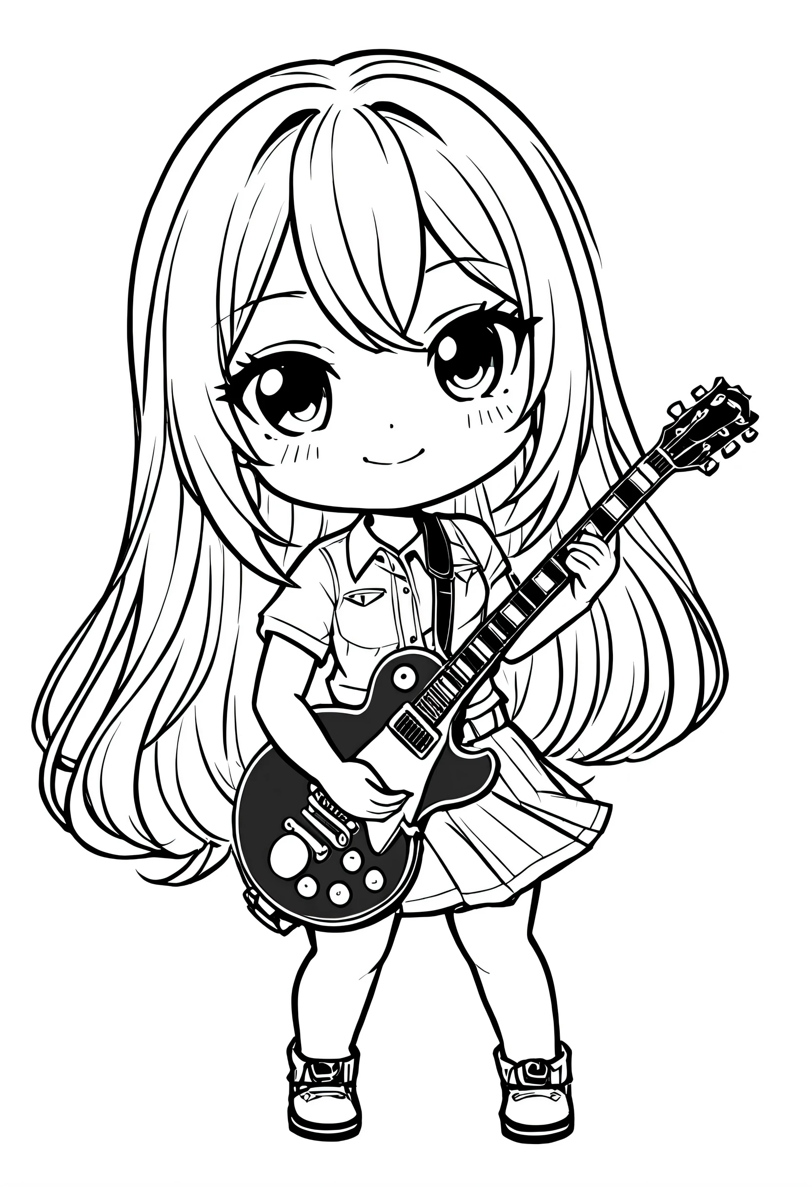 masterpiece, highest quality, High resolution / hire, Super detailed, figure, From before, cowboy shot, looking at the viewer, (chibi character:1.2), (1 female:1.2),straight long hair,long skirt, I have a Les Paul guitar, ((simple white background)), natural smile, standing pose,white background, monochrome, line drawing, ((sketch))