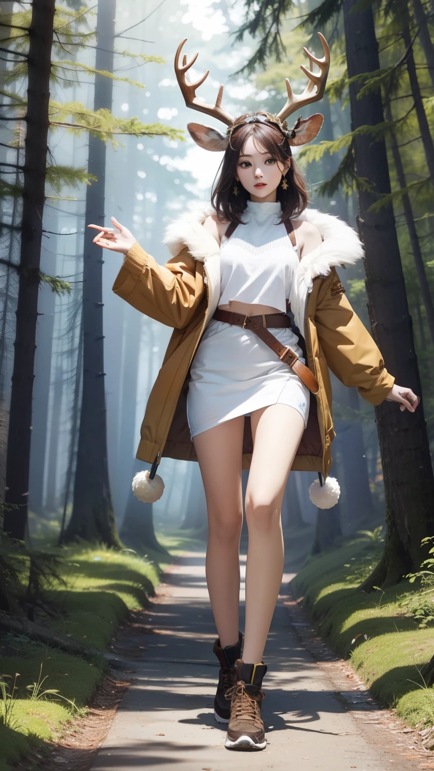 (((Masterpiece))),((top quality)),one beautiful girl,Pale, (A character that is a fusion of humans and deer: 1.5), (Deer horn:1.5)、(((feet are hooves 1.5)))、not wearing shoes、(deer tail:1.5)、(belly button)、((Fur clothing:1.5)),(plain clothes), (skin revealing),(The background is in the forest:1.5).(((from the front:1.5)))、(straight front: 1.5)、(running in the forest:1.5)