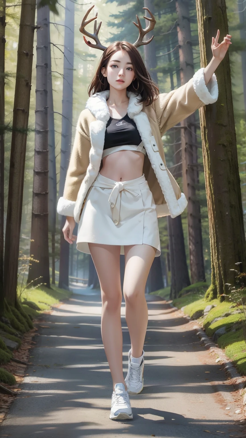 (((Masterpiece))),((top quality)),one beautiful girl,Pale, (A character that is a fusion of humans and deer: 1.5), (Deer horn:1.5)、(((feet are hooves 1.5)))、not wearing shoes、(deer tail:1.5)、(belly button)、((Fur clothing:1.5)),(plain clothes), (skin revealing),(The background is in the forest:1.5).(((from the front:1.5)))、(straight front: 1.5)、(running in the forest:1.5)
