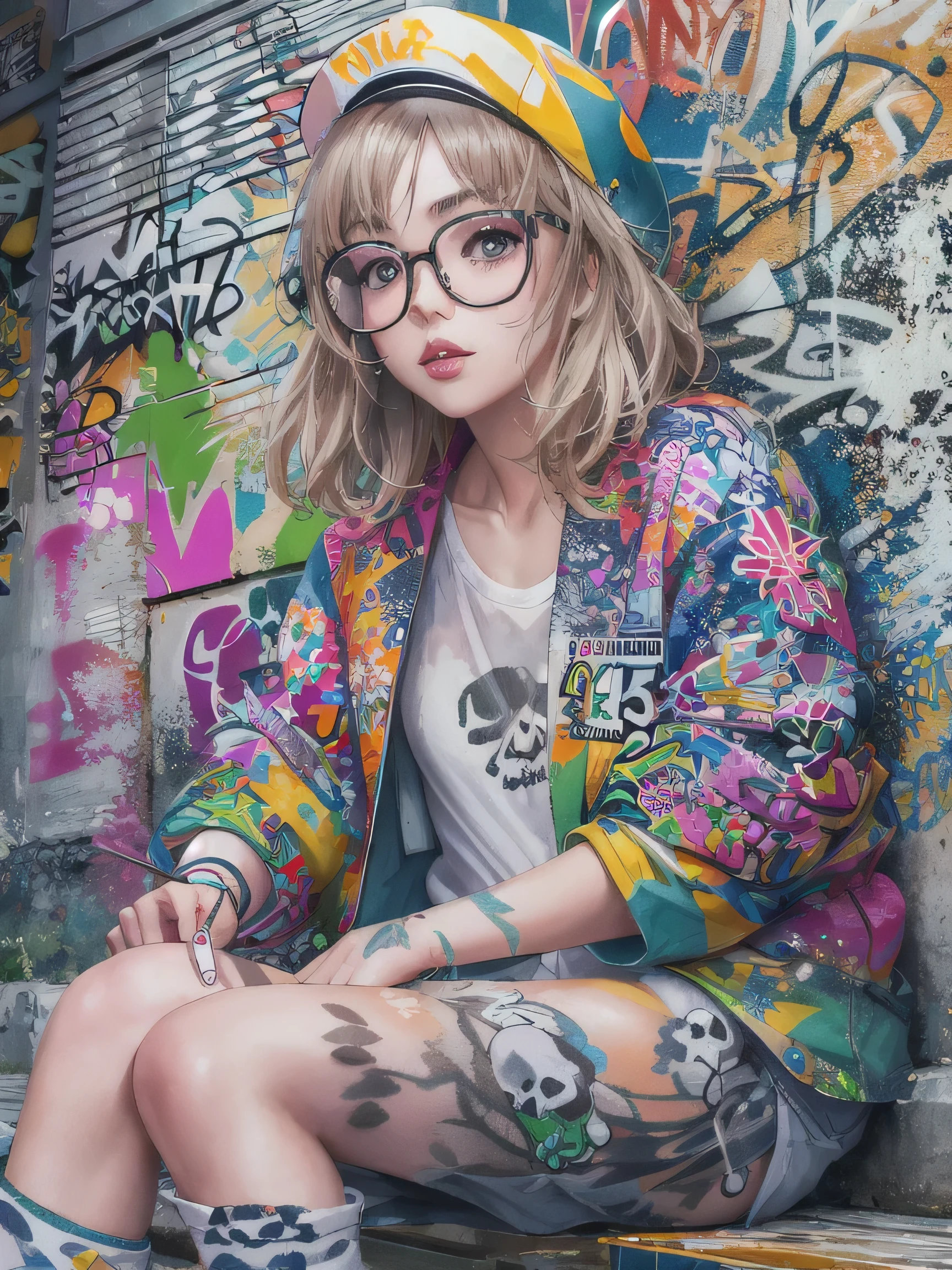 8K quality, watercolor painting, stylish design, (((The strongest beautiful girl of all time))), (((Japanese)))、Idol、clear, stylish glasses, Fashionable hats, (((highest quality))), bob hair, put your hand on the wall, HDR, ((Detailed details)), (((skull fashion))), detailed clothing texture, (((graffiti art))), colorful hair, ((masterpiece))、((Super detailed))