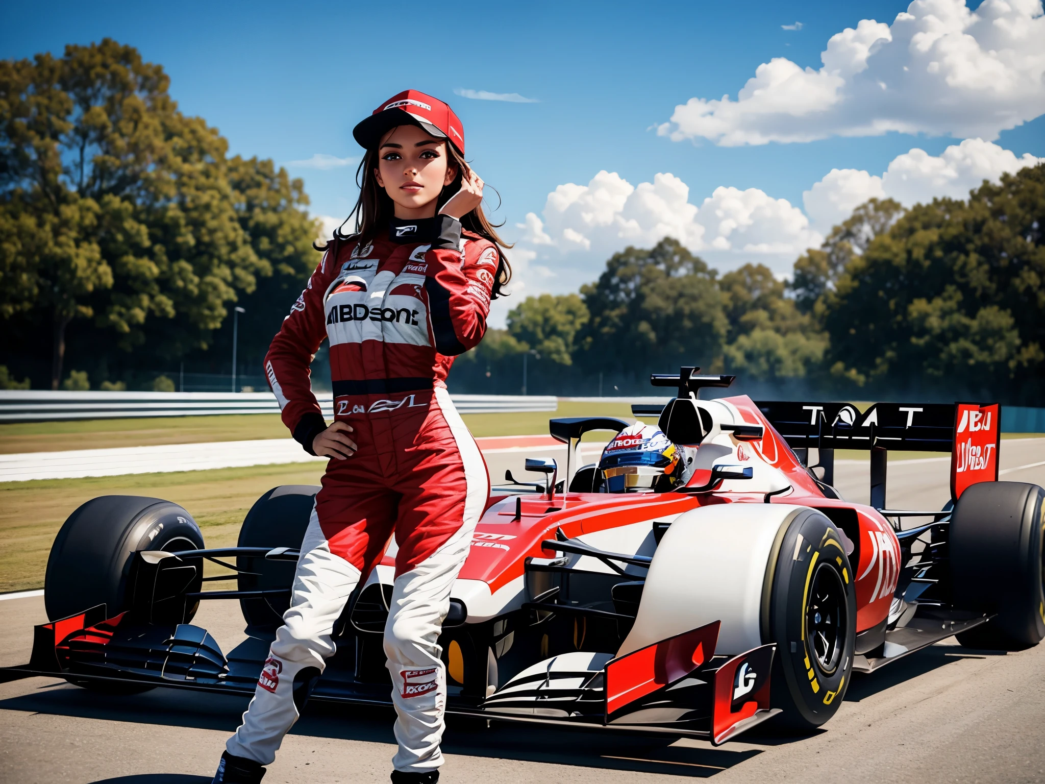 F1 racing car and driver, beautiful model posing sexy on the bonnet