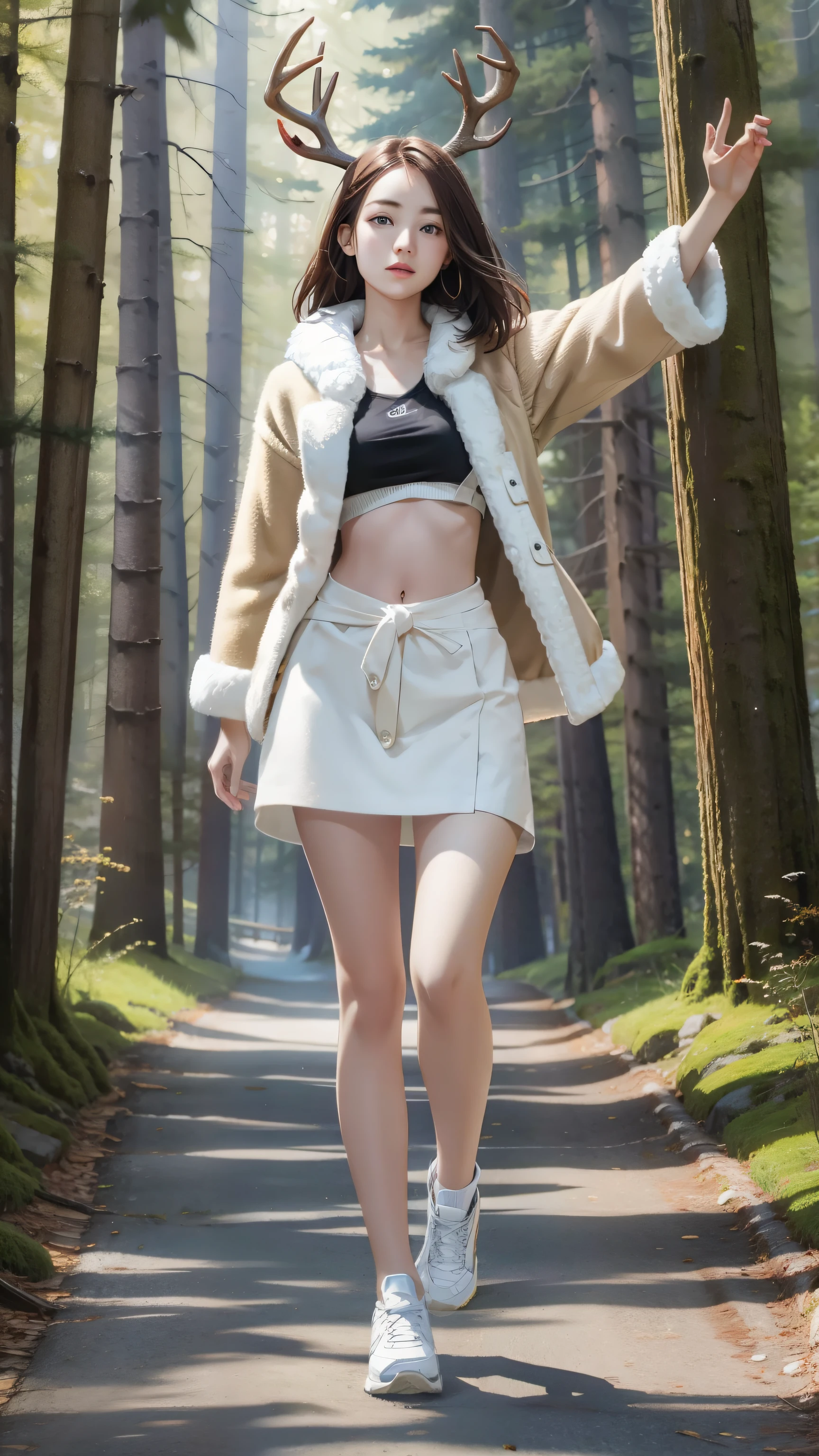 (((masterpiece))),((highest quality)),one beautiful girl,pale, (Character that is a fusion of human and deer: 1.5), (Deer horn:1.5)、(((feet are hooves 1.5)))、not wearing shoes、(deer tail:1.5)、(belly button)、((Fur clothing:1.5)),(private server), (exposure of skin),(The background is in the forest:1.5).(((from the front:1.5)))、(straight front: 1.5)、(Running through the forest:1.5)