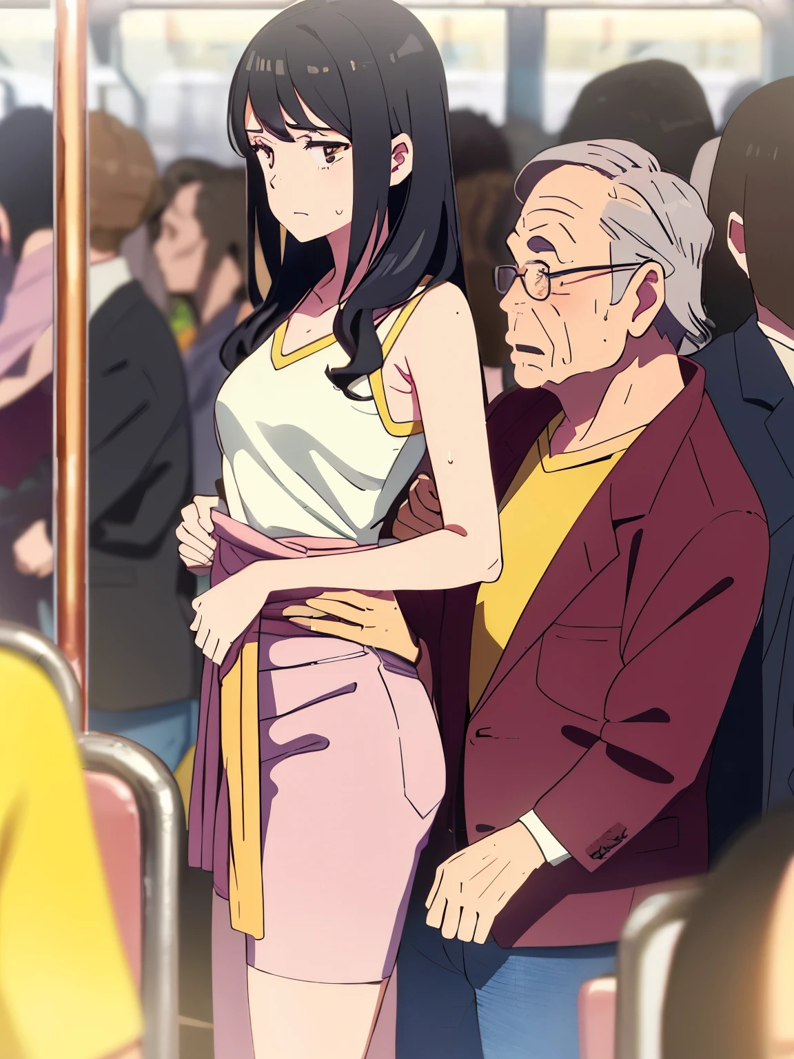 SFW, masterpiece, VERY crowded train detailed scenario, standing hot (1girl, bangs, black hair, twisted half up, red ribbon, long hair, pink jacket, open shirt, yellow shirt, peach-colored jeans) , old small sweaty man ass groping 1girl from behind,old small sweaty man pressing his chest on 1girl back and holding her waist