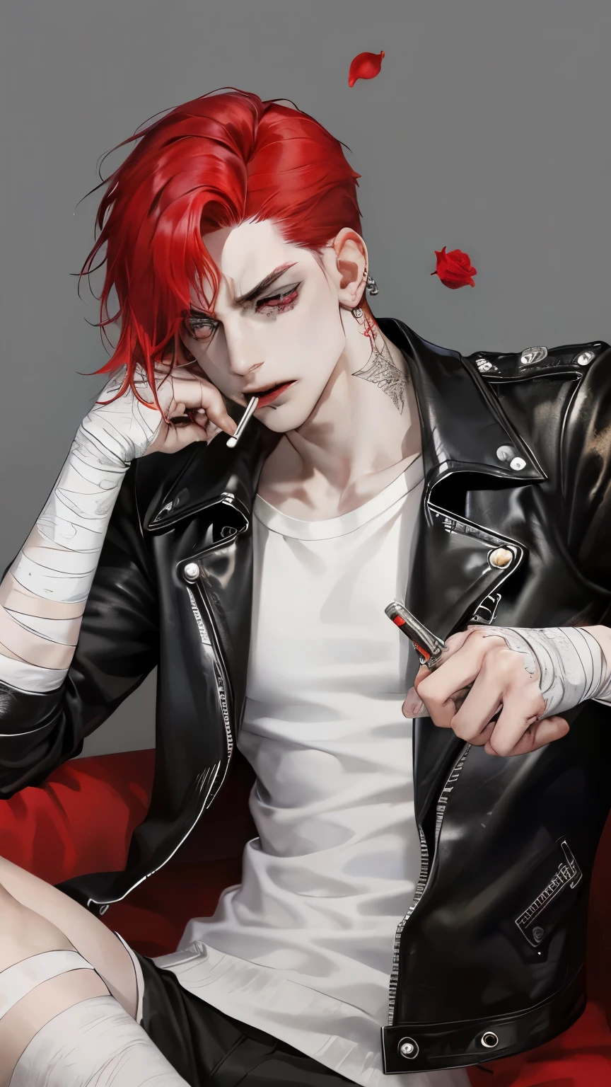 absurdres, highres, ultra detailed, HDR, master piece, best quality, extremely detailed face and eyes, perfect face, realistic face, beautiful eyes, Noctis Lucis Caelum, Red hair, expressive blue eyes, Final Fantasy xv, black jacket, black shirt, patterns, solo, man, handsome, smoking a cigarette, smoke, chain. From his back a chain start to spread in background{RED HAIR} {WAIST SHOT}