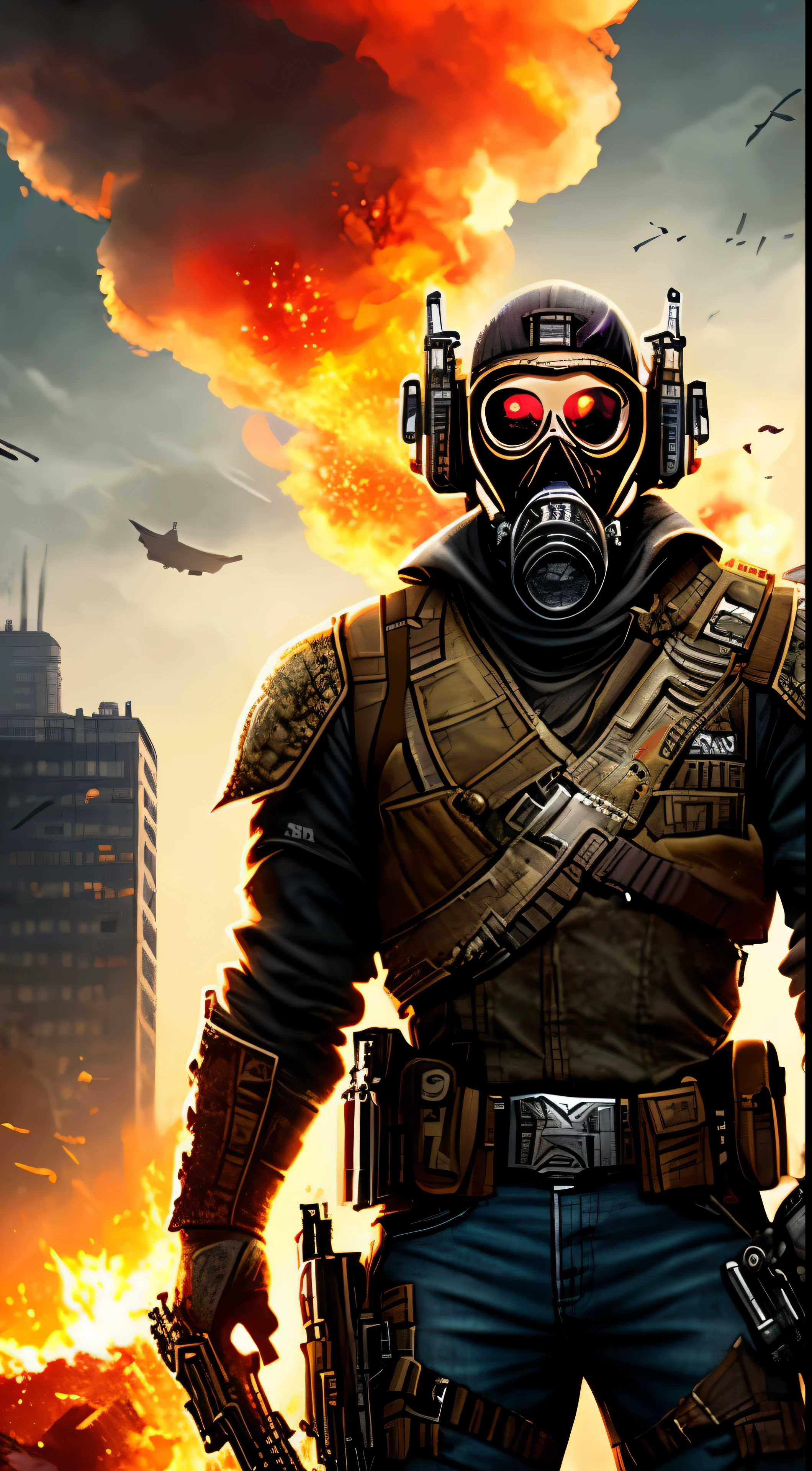 (Masterpiece) An intricately detailed digital illustration of STAR15Mod, a rugged and focused cowboy, in the best quality and highest resolution. The ultra-detailed tactical gear is prominently displayed, featuring tactical pouches and a gas mask with a 0.8 opacity. His tactical armor is worn with a sense of readiness, and in hand, he holds an assault rifle, its muzzle slightly downturned with a holstered handgun at his side. His frown lines add depth to his intensity, all set against the backdrop of a fiery, destroyed city, with shadows adding a dramatic contrast to the overall scene. This masterpiece is a trending