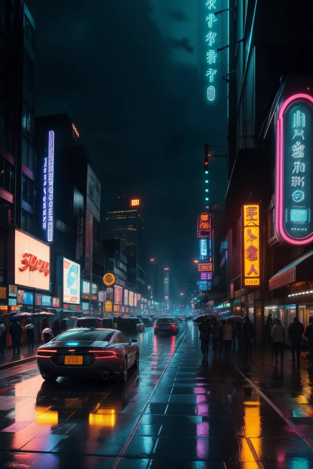 In the heart of a cyberspace metropolis, under the soft pitter-patter of rain, a sleek vehicle comes into view. The taillights cast an electronic glow, reflecting off the gleaming wet pavement in a pixel-style fashion. The cityscape, bathed in neon hues, looms overhead at a low viewing angle, offering intricate details of the concrete jungle’s intricacies. The raindrops create a mesmerizing pattern as they cascade down towering neon-lit structures. The crisp, high-quality image showcases the intricate textures of the rain-soaked asphalt and neon signs. The scene unfolds