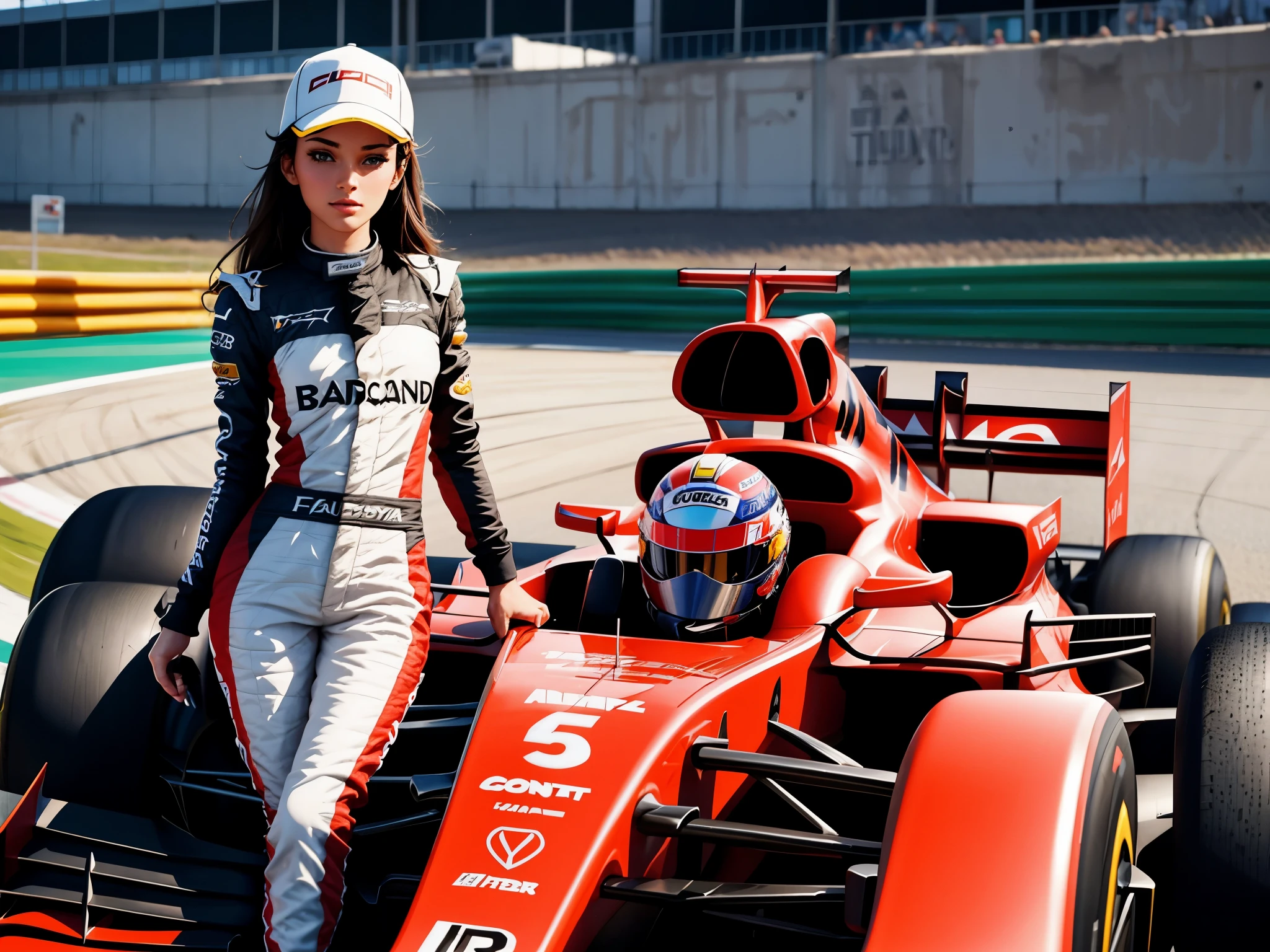 F1 racing car , beautiful model posing sexy by the car