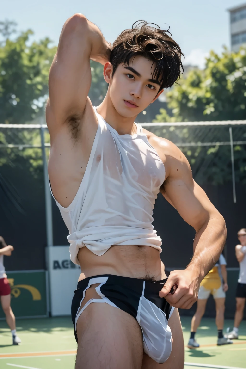 Sport sleeveless shirt, Very Rainy day, very wet body, Hairy stomatch, very hairy abs, Very bushy hairy armpits, hairy pubic, hairy crotch, white sleeveless shirt, Super Realistic photography, PROUDLY SHOWING OFF HIS BODY, Cute student Wearing white tanktop, NO PANTS, DETAILED, sexy student, wearing soaked tanktop, ABS EXPOSED, Very wet body, very wet, crowded outdoor school court, pantless just wearing soaked white thong, Showing off his very hairy armpits, Slim fit body, teen, very cute boy face, 17 yearsry young teenager boy, Amazinort court scenery, in the middle of Crowded court, dickprint, Sweat dripping all over the body, Proudly showing off his sweaty very hairy armpits to student in the sport court, The colors are bright and vibrant, enhancing the overall aesthetic. The lighting is soft and natural, casting a soft glow on the boy, don't merge body's, detailed eyes and lips, sixpack and fit body. Image quality is of the highest standard, with ultra-detailed features and a realistic appearance.