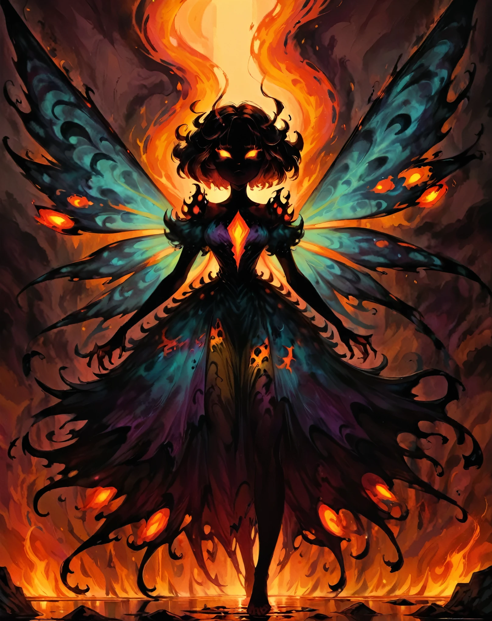 fantasy art shadow, 8K, HD, gloomy colors, dark aura, horror, cartoon style, flat, magma faerie