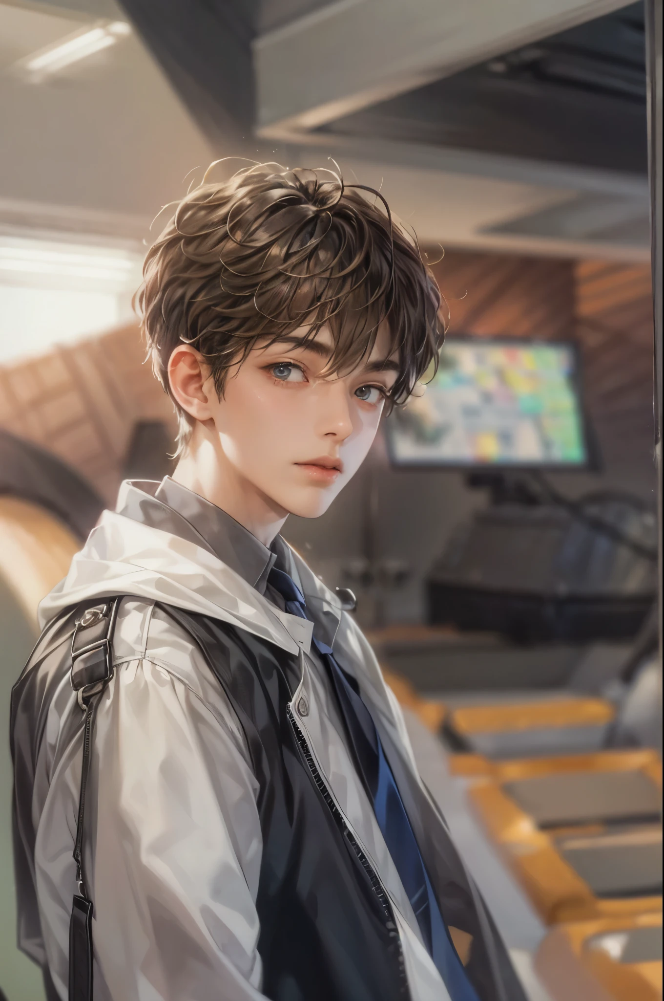 (masterpiece, best quality, close-up) character from highschool musical, handsome boy, anime eyes with short hair, stylish clothes , modern home interior details