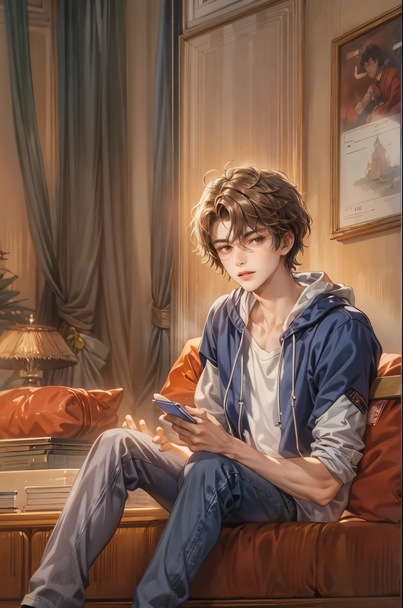 (masterpiece, best quality) character from highschool musical, handsome boy, anime face, with short hair, stylish clothes , modern home interior details