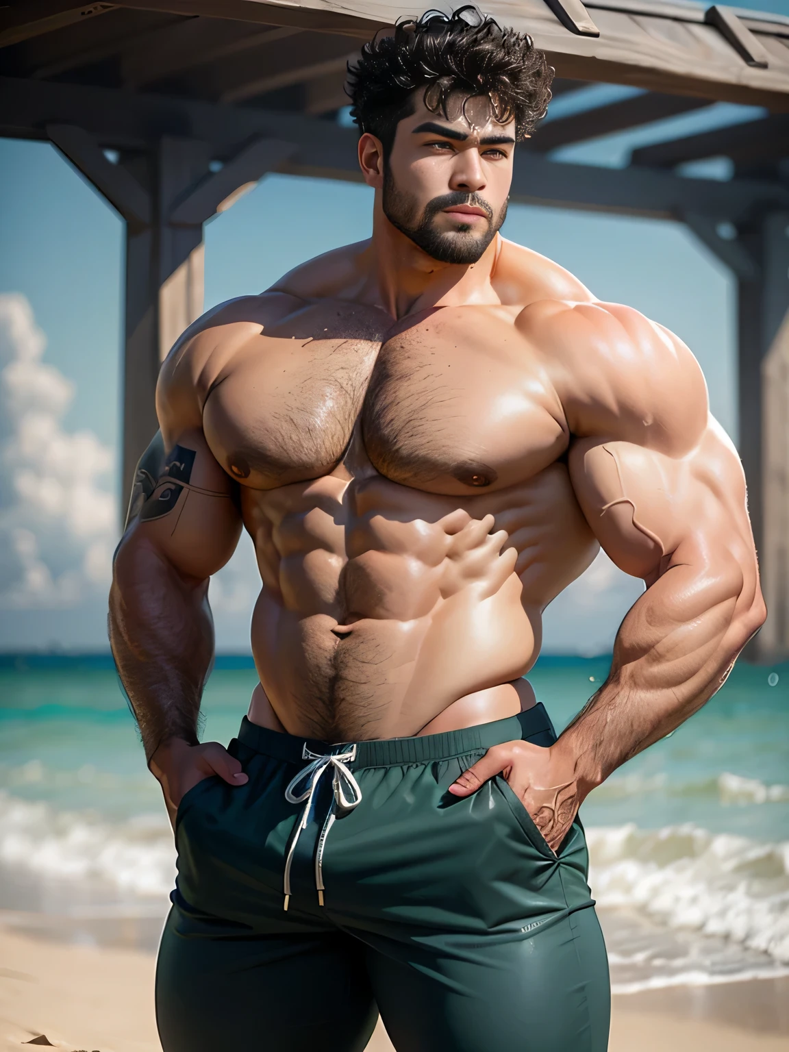((highest quality)), ((master part)), (become familiar with), Priapus, First grader, Asian bearded muscular boy, very masculine, big muscles, beach, Flight, reproduction, short and curly hair, handsome male face, fine eyes, chest muscles, (tight waist), bubble butt, topless, bikini pants,  fine skin, realistic, Ohito Pine Style, [Style by Daniel F. Gerharz::0.5], Well image, hire, 8K, semi-realist, stunning lighting, sharp focus, realistic, romantic,