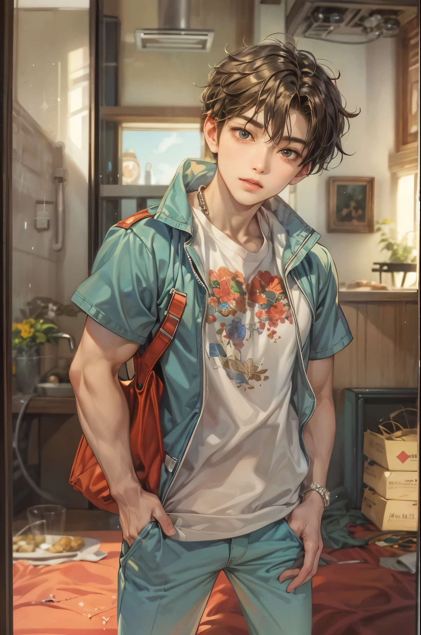 (masterpiece, best quality) character from highschool musical, handsome boy, anime face, with short hair, stylish clothes , modern home interior details