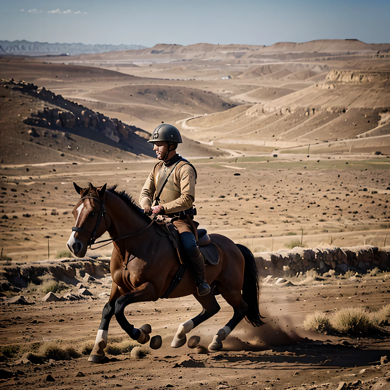 Horse running on barren land, soldier sitting on horse, holding sword on right hand, 3/4 angle, tense, war, shouting, killing