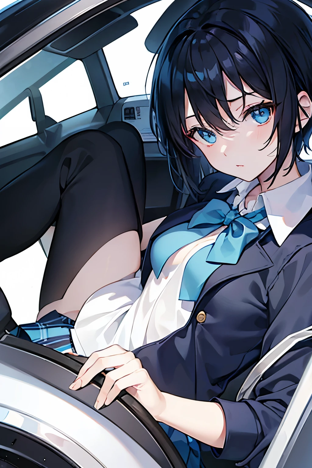 nice、shortcut、layer cut、black hair、blue eyes、No expression、small breasts、high school girl、uniform