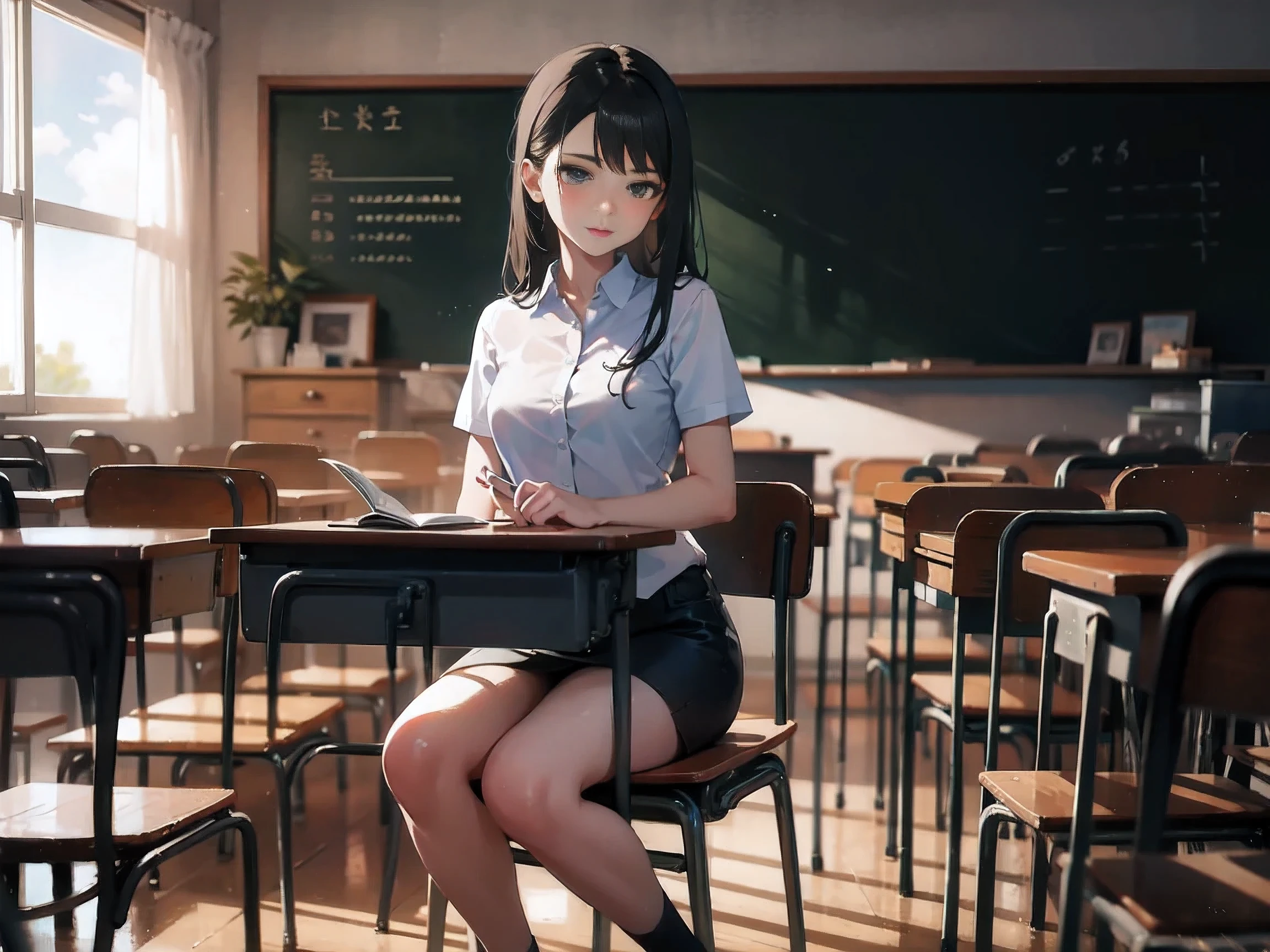 Beautiful teenage girl , sitting on a chair ,classroom
