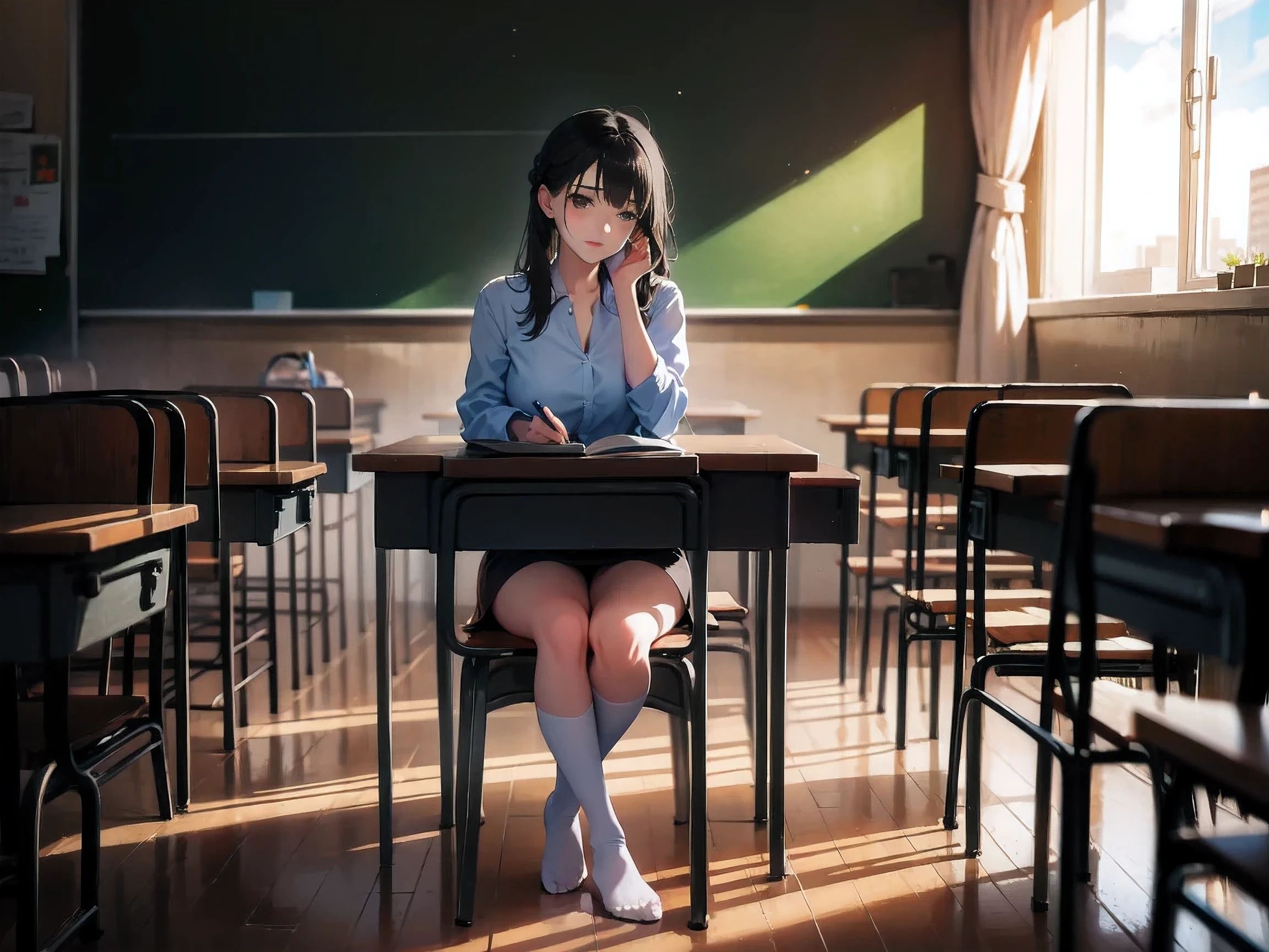 Beautiful teenage girl , sitting on a chair ,classroom