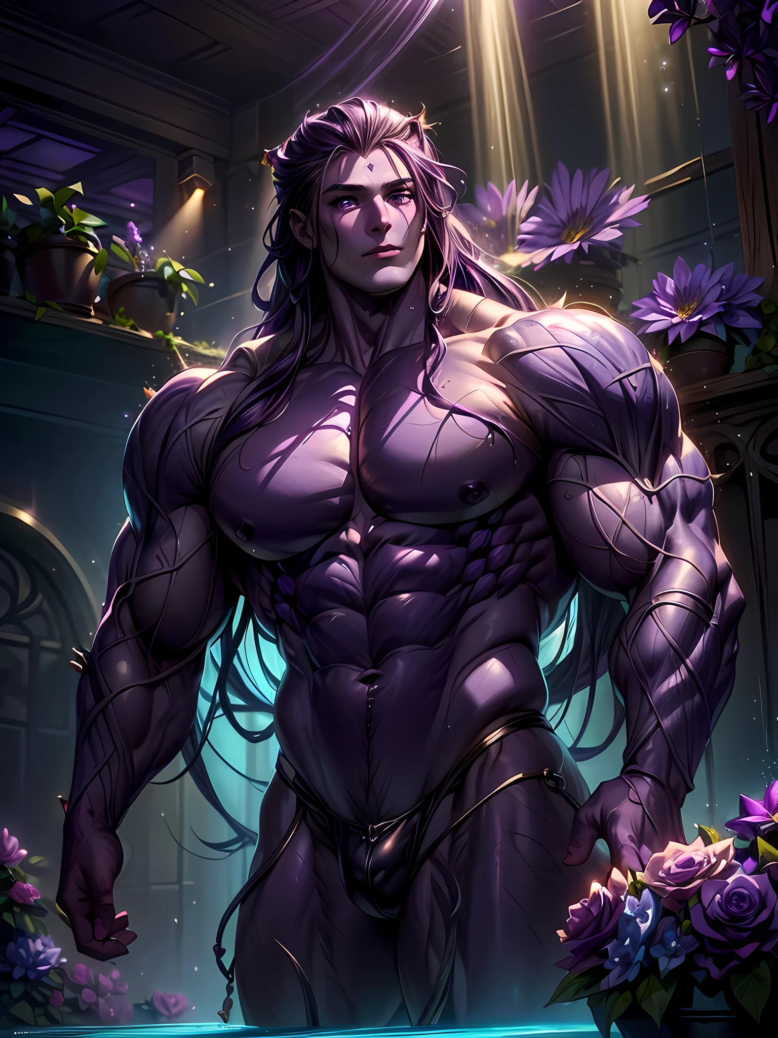 ((intricate design)) Top quality, 16K, High Definition, Unity 16K wallpaper, high res, ultra sharp, masterpiece, ((masterpiece)), the best quality, expressive eyes, perfect face, Super eyes, masterpiece, ray tracing, (((1male))), (((fully purple skin))) (((bodybuilder))) male humanoid, humanoid flower, humanoid blooming out of a large rose flower, flower bed, flower garden, in a greenhouse, big man, thighs (((cinematic lighting))) (((Purple Skin!))), (((purple long hair!))) (((purple skin tone!))) (((purple skin complexion))) sexy robes, god rays, fruity, zesty personality, pink eyes, bloom, handsome humanoid male, sexy humanoid male, humanoid male bodybuilder attractive, spreading his pheromones, flower clothing, plants, pot plants, blooming, god rays, blooming out of a plant, bulge, wet body, sweaty, sweaty body, oily body, oily, shiny skin, veins, Glimmer,