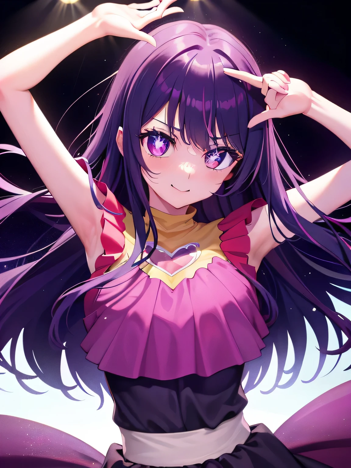 Precioso cabello en morado largo, Ojos de estrella de seis puntas, Idol uniform, smile, mirando al espectador, sin mangas, guantes, Parte superior del brazo hacia arriba, idols, escenario, alta calidad, A high resolution, hiper hd, acura, alto detalle, obra maestra