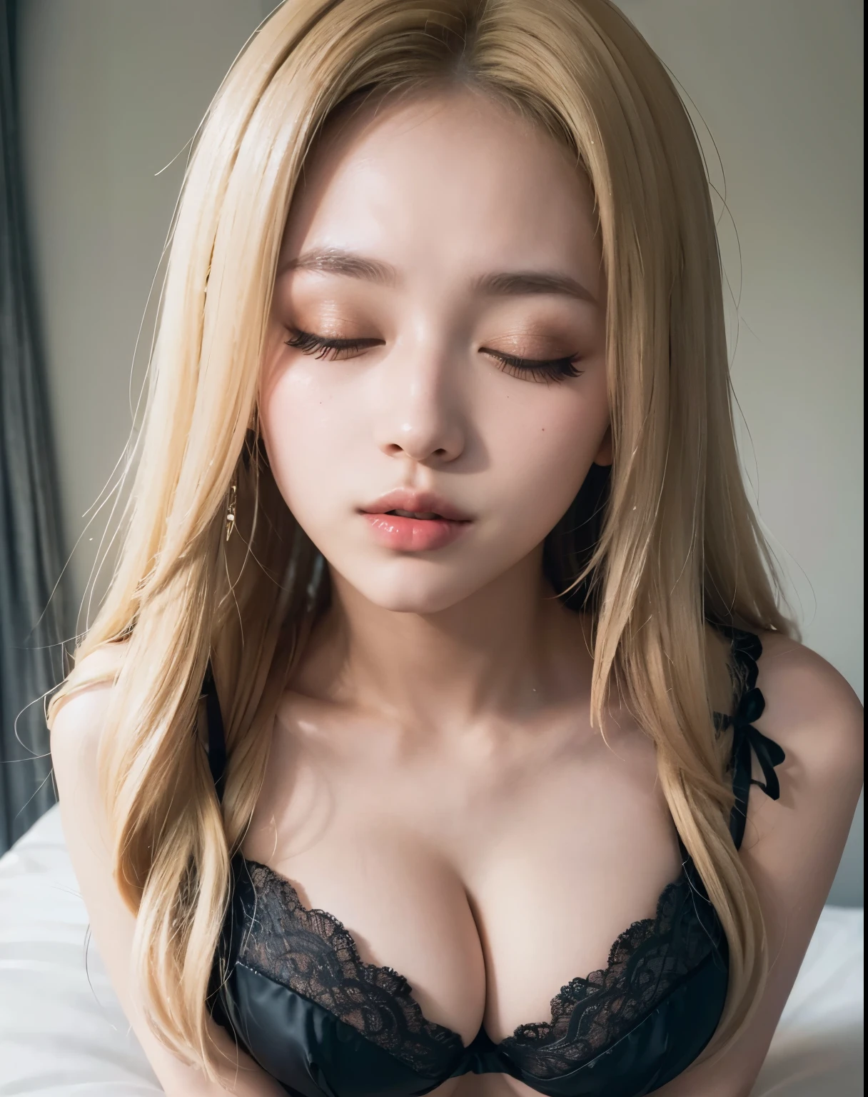1girl, (closed eyes :1.2), (kissing :1.2), (close-up :1.3), (Sana Minatozaki), (beautiful makeup :1.2), wide hips, Big tits, (big ass), (Best Quality, 8k, Masterpiece: 1.3), Clear Focus: 1.2, Perfect Body Beauty: 1.4, Highly detailed face and skin texture, detailed eyes, double eyelids, shiny lips :1.2, (blond long hair :1.2), (black lace lingerie), in bed, hotel room