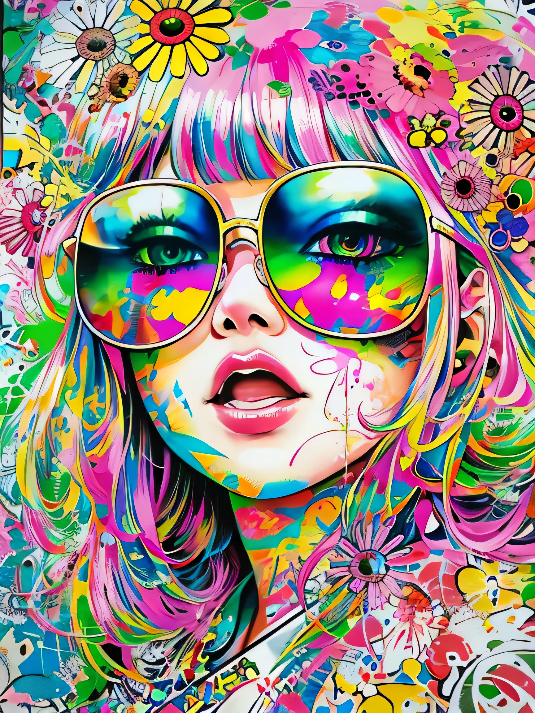 Takashi Murakami style、8K quality, watercolor painting, stylish design, (((The strongest beautiful girl of all time))), (((Japanese)))、Idol、clear, Stylish sunglasses, Fashionable hats, (((highest quality))), bob hair, put your hand on the wall, HDR, ((Detailed details)), stylish fashion, detailed clothing texture, (((graffiti art))), colorful hair, ((masterpiece))、((Super detailed))、colorful flowers