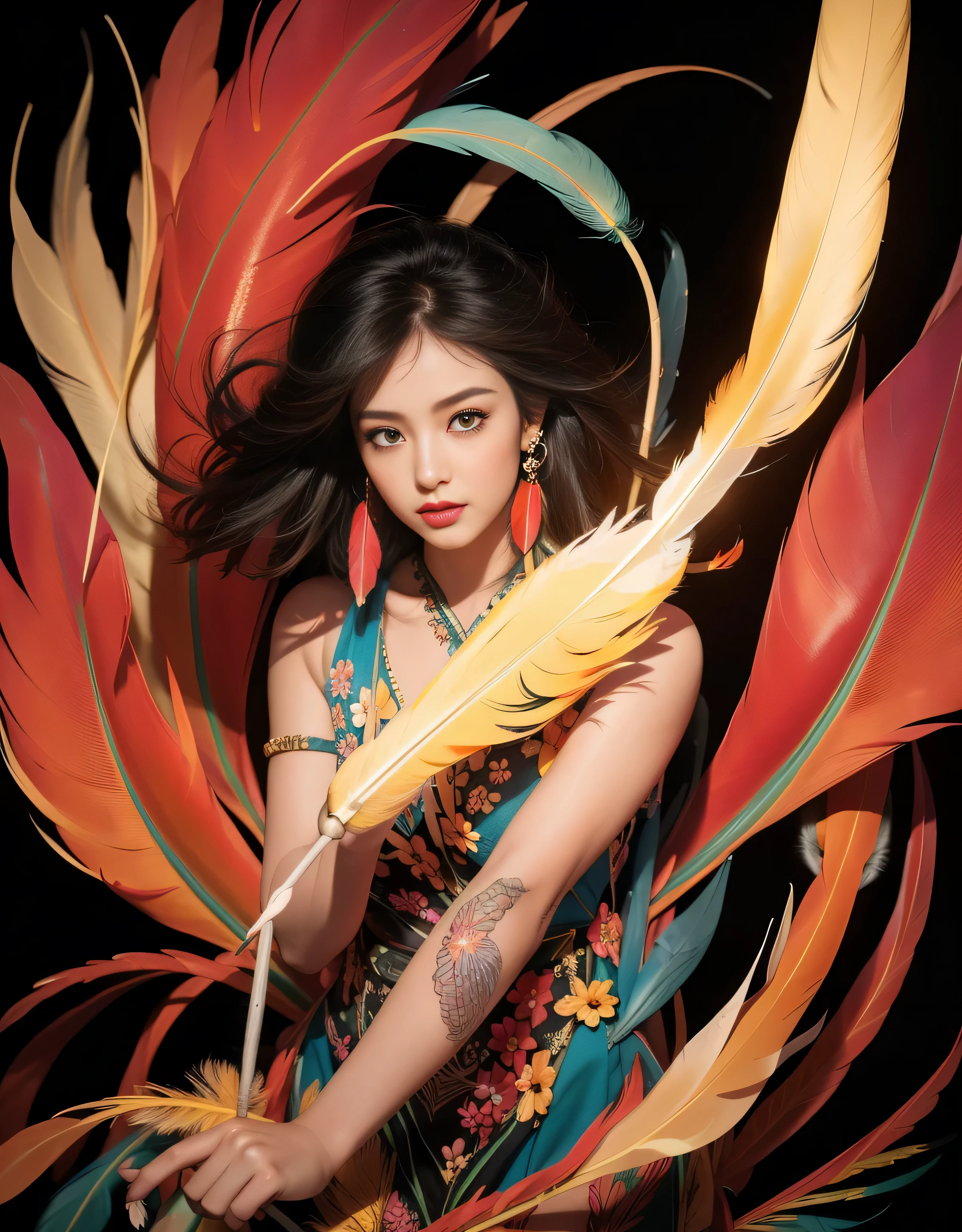 (Masterpiece, Highest quality, best quality, official art, beautiful and beautiful:1.2), (1 man:1.3), very detailed,(fractal art:1.1),(colorful:1.1)(flower:1.3),Maximum details,(Zentangle:1.2), (dynamic gesture), (abstract background:1.3), (Shiny skin), (many colors:1.4), ,(earring), (feather:1.5) , (Flamethrower:1.3),red background,Phoenix Series,