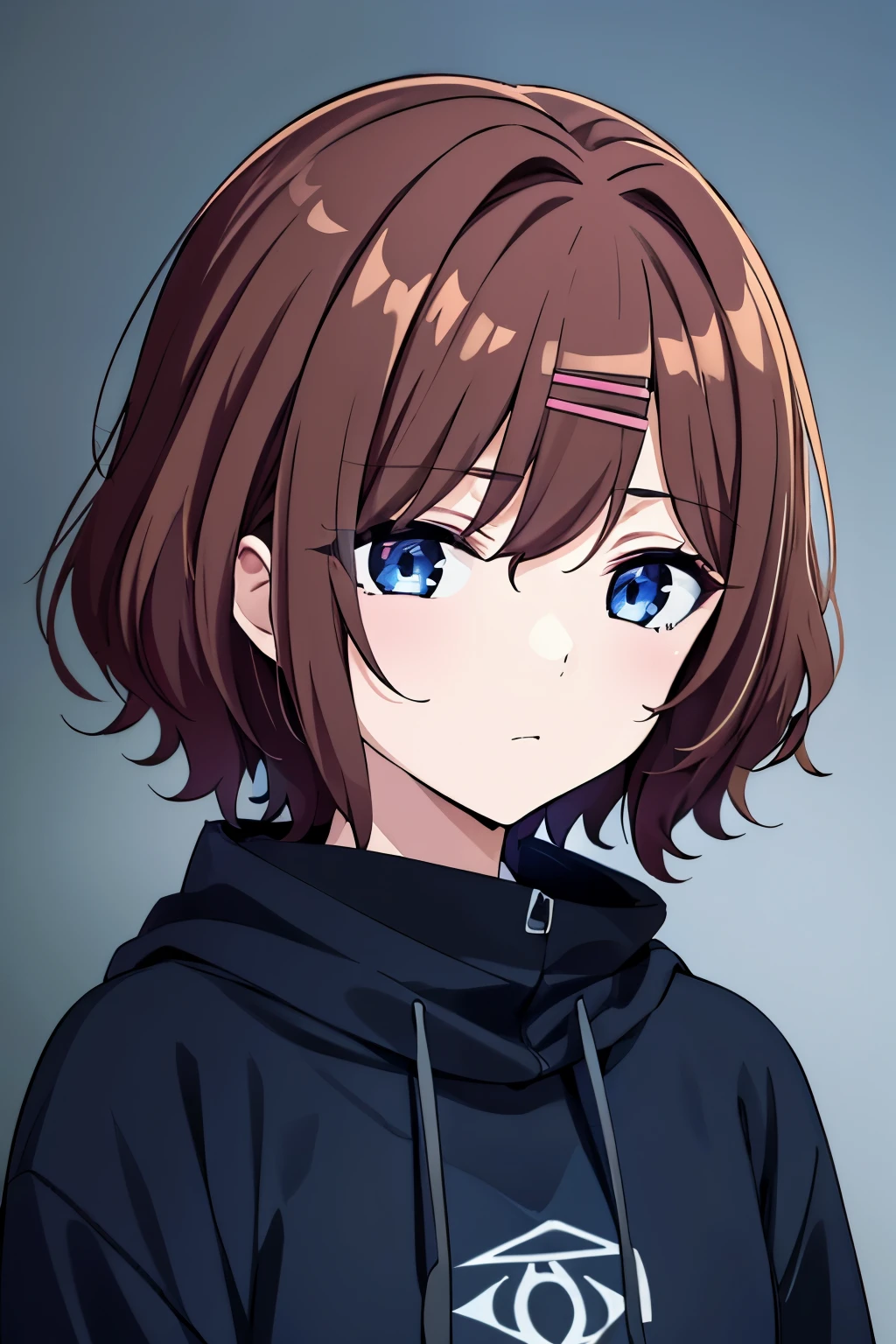 (high-quality, breathtaking),(expressive eyes, perfect face) 1girl, female, solo, young adult, brown hair color, pink eye color, soft wavy curley hair, short hair length, neutral expression, calm expression, black hoodie, dark blue shirt, modern clothing, stylized clothing, accessories, hairclip, Symmetrical Eyes, portrait, headshot, dark blue and black background, Madoka Higuchi character, tired eyes
