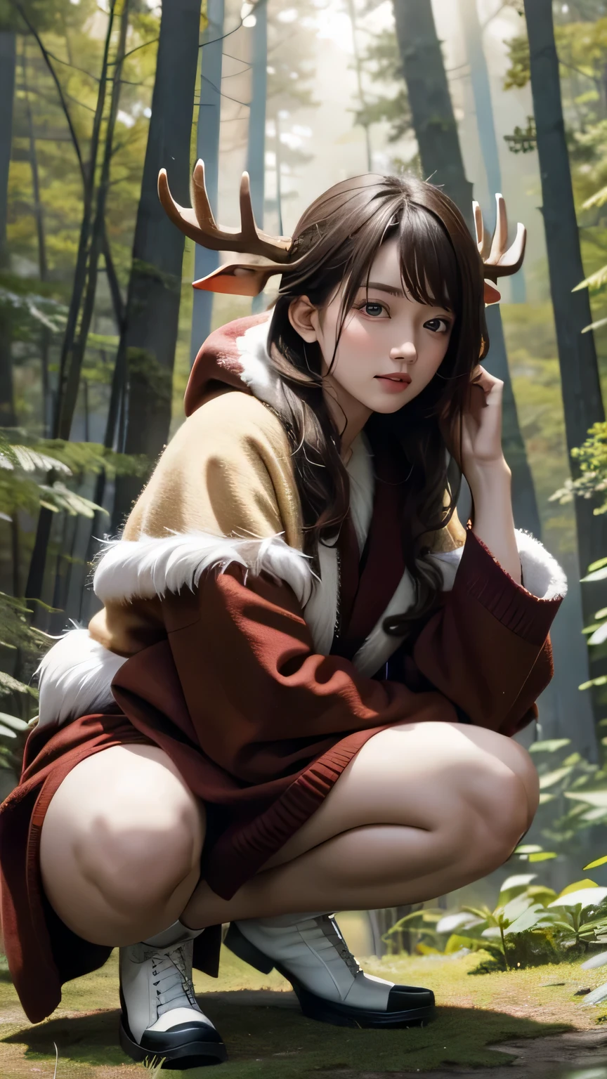 (((masterpiece))),((highest quality)),one beautiful girl,pale, (Character that is a fusion of human and deer: 1.5), (Deer horn:1.5)、(((feet are hooves 1.5)))、not wearing shoes、(deer tail:1.5)、(belly button)、((Fur clothing:1.5)),(private server), (exposure of skin),(The background is in the forest:1.5).(((from the front:1.5)))、(straight front: 1.5)、(crouch in the forest:1.5)