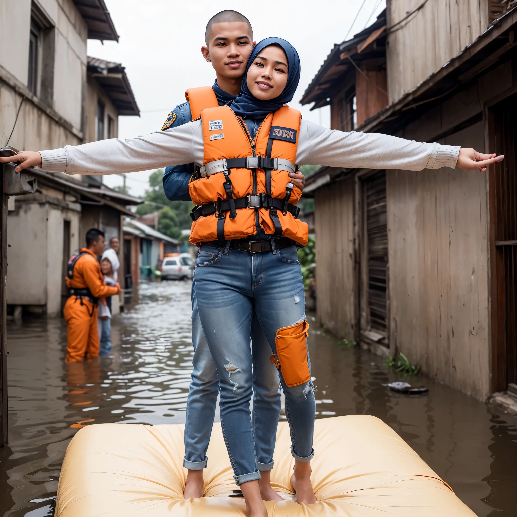 photo of an Indonesian young man ((buzz cut hair, wearing a rescue officer's uniform, orange life jacket, faded denim pants)). The smilling young man was holding a waist of beautiful Indonesian woman from behind while standing on the mattress ((30 years old, hijab)) both are doing Titanic pose, the woman have her arms outstretched while smilling. the man holding the woman's waist. They are located at flood locations that submerged residential areas. The background is an alley in a rundown housing complex that was flooded, creating a dramatic atmosphere, drizzling rain, wet clothes effect, depth of field