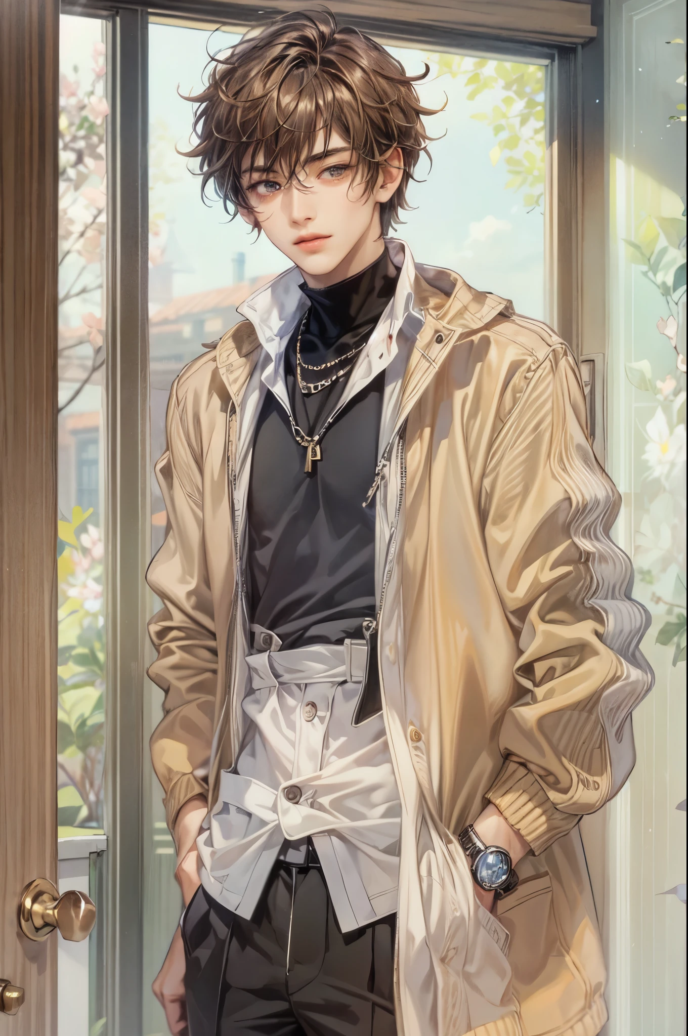 (masterpiece, best quality) character from highschool musical, handsome boy, anime face, with short hair, stylish clothes , modern home interior details