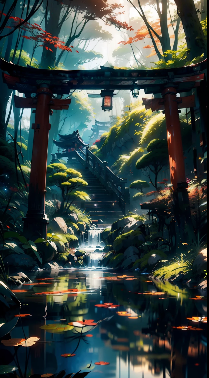 (Stunningly beautiful, serene landscape: 1.2), (High definition novel CG: 1.2), No humans present, Japanese shrine scenic view, Tranquil water surface, Gently rolling fog, Delicate reflections on the water, Vibrant autumn leaves scattered around, Crisp air adding to the natural ambiance, (Masterpiece), Detailed shrine architecture, (High quality), Intricate carvings on temple walls, (Realistic water rendering), (Dramatic lighting), (Fog effects), (Immersive atmosphere), (Nature at its finest)