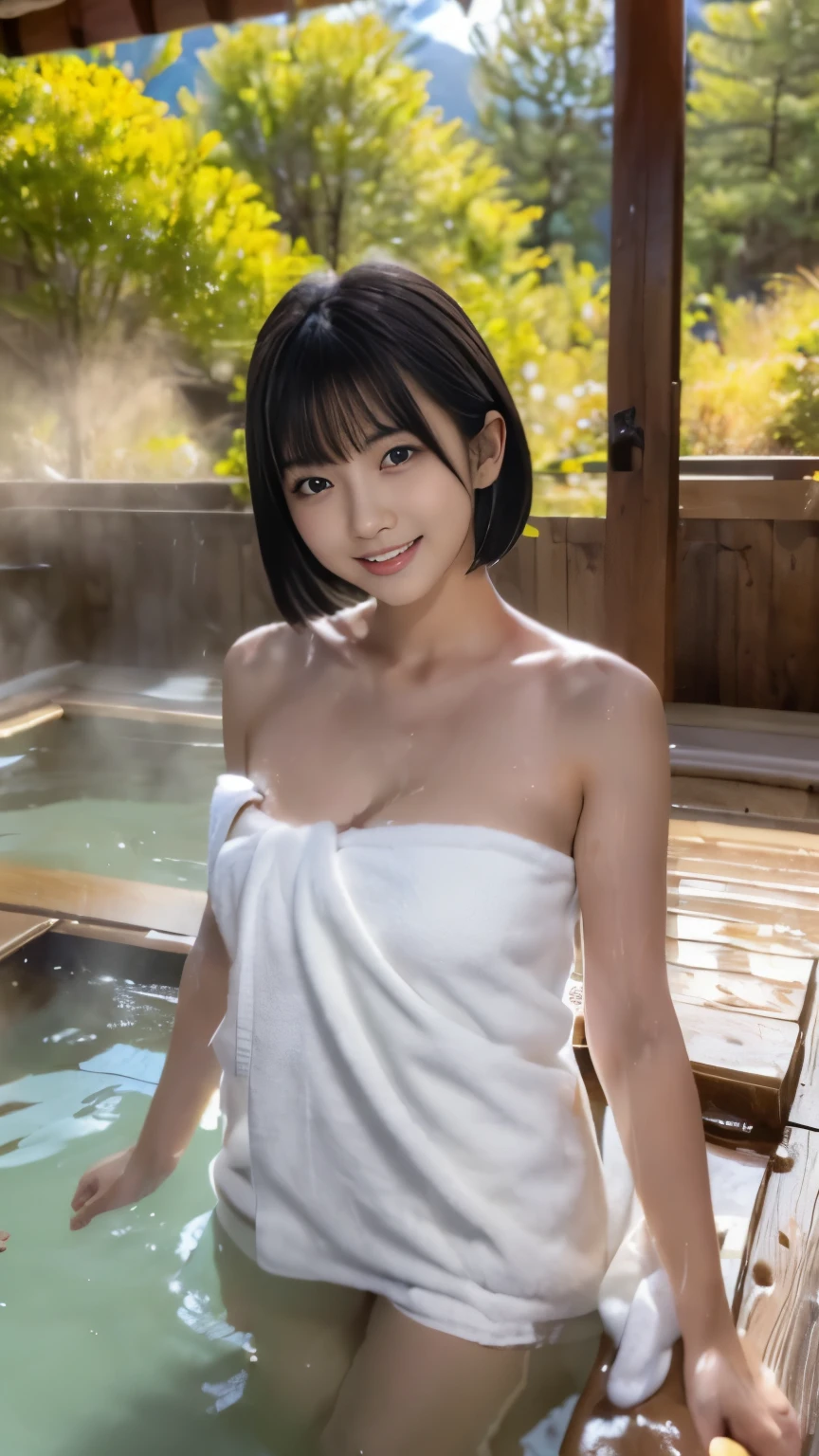 Masterpiece, Best-quality, RAW-photo, Ultra-High-Resolution, Photorealistic, 
(Anatomically correct, 16-years-old, Realistic Japanese girl, photographer's lover, She truly loves photographer, baby face, cute face, Perfect body, slim waist and busty body, Slender legs, Large breast, Realistic skin), 
((takeing a bath, Soak up to shoulders in hot springs, wrap a towel around body:1.3)), 
(maiko, Round face, Black hair, Moist eyes, Shining eyes, Short bob cut, Bangs, Down-slating eyebrows, one little earring, Light blush), 
(See photographer, look at viewer, standing, she is soaking in a hot spring bath), 
(goddess smile, pamper someone you love, facial expressions that seduce men), 
(Japanese hot springs, open-air bath), 
Natural lighting, full length