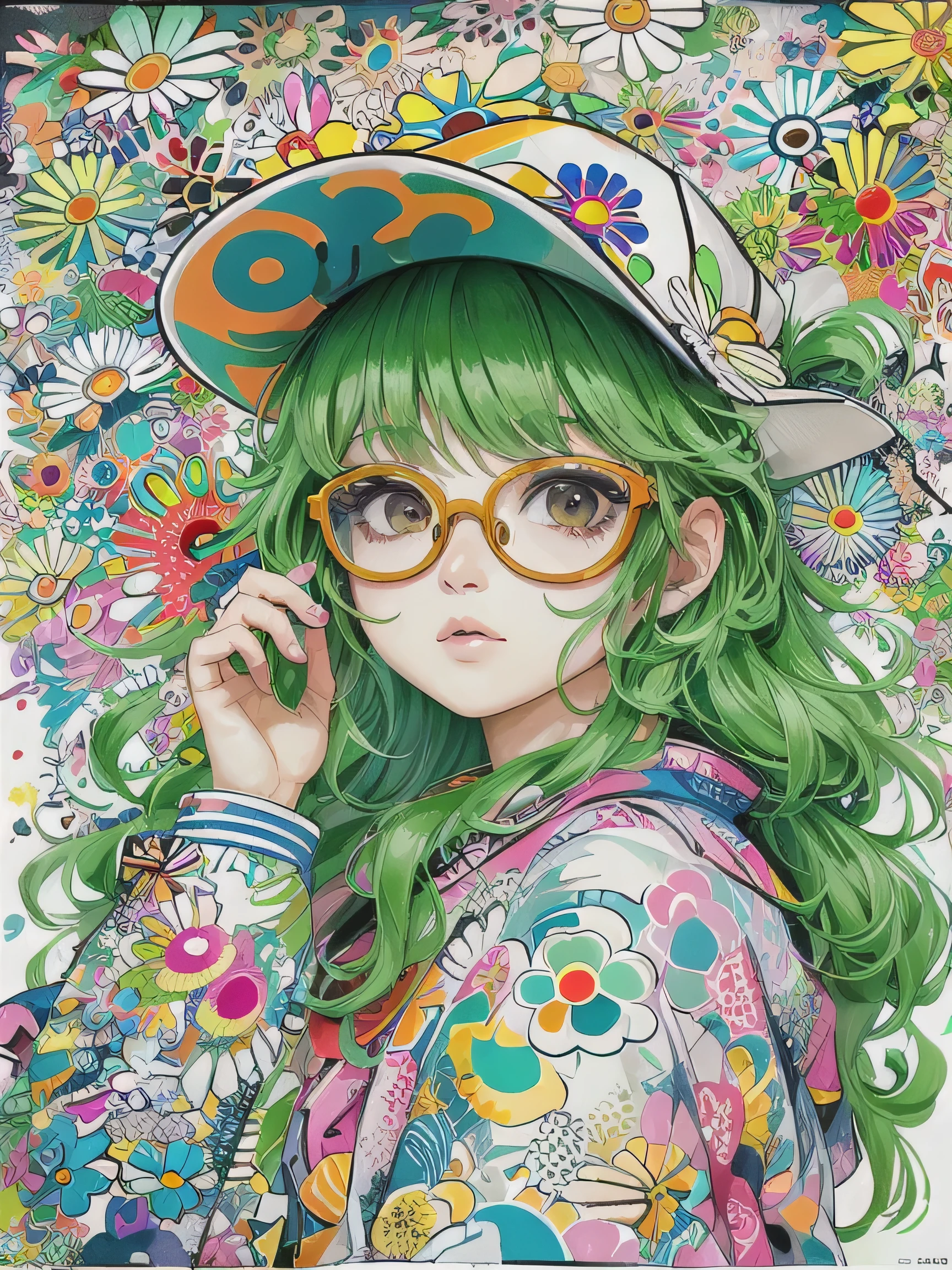 Takashi Murakami style、8K quality, watercolor painting, stylish design, (((The strongest beautiful girl of all time))), (((Japanese)))、Idol、Yuriko Yoshitaka、clear, stylish glasses, Fashionable hats, (((highest quality))), bob hair, put your hand on the wall, HDR, ((Detailed details)), stylish fashion, detailed clothing texture, (((graffiti art))), colorful hair, ((masterpiece))、((Super detailed))、colorful flowers