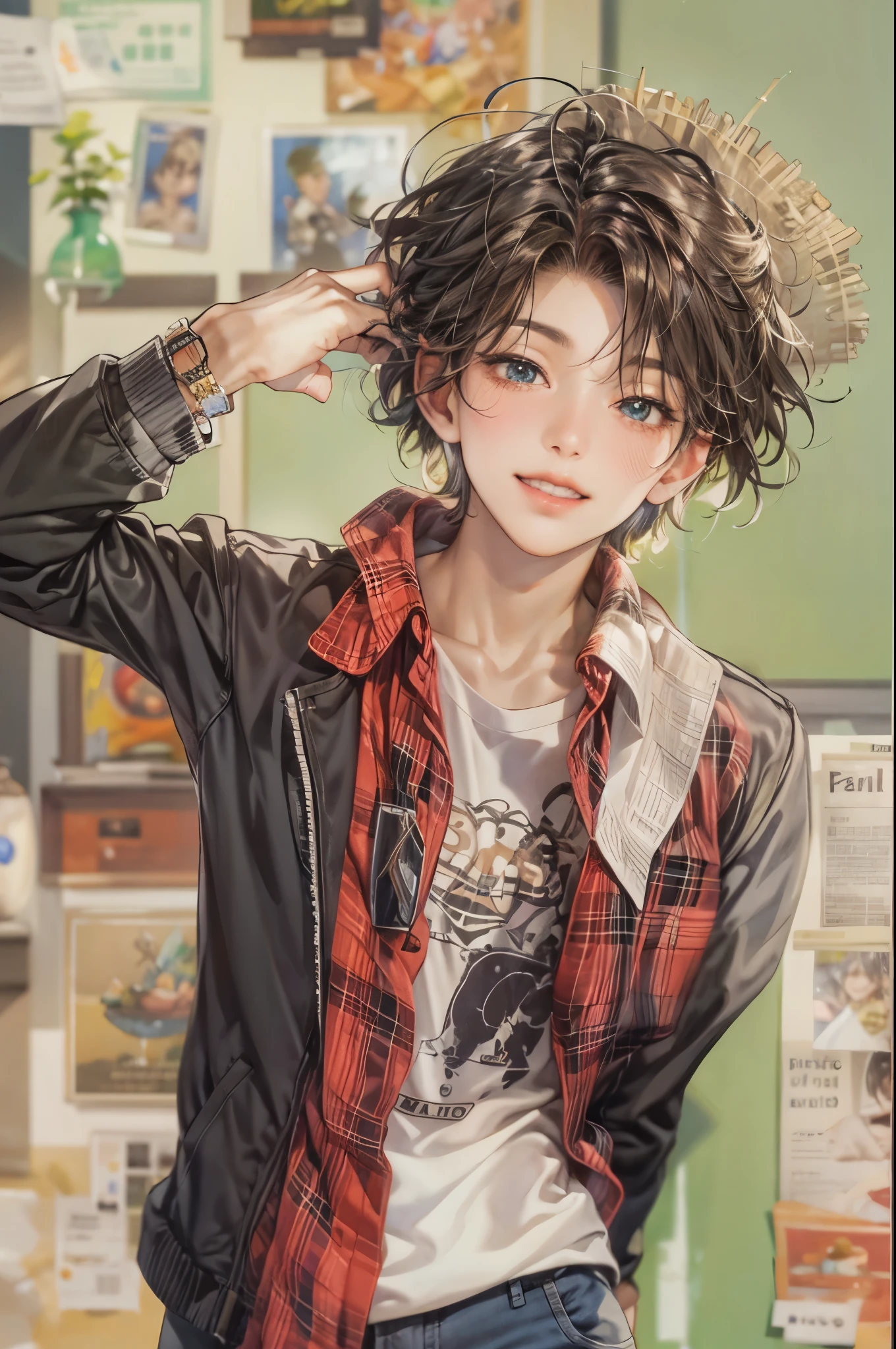 (masterpiece, best quality) character from highschool musical, handsome boy, anime face, with short hair, stylish clothes , modern home interior details