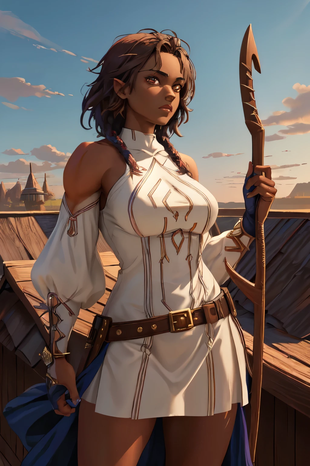 (masterpiece, best quality, absurdres), 1girl, solo, cowboy shot, D&D style, hazel eyes, dark-skinned female, looking at viewer, hands holding a broad wooden staff, glowing, white adventurer dress, muscular, outdoors, fantasy town, on rooftop