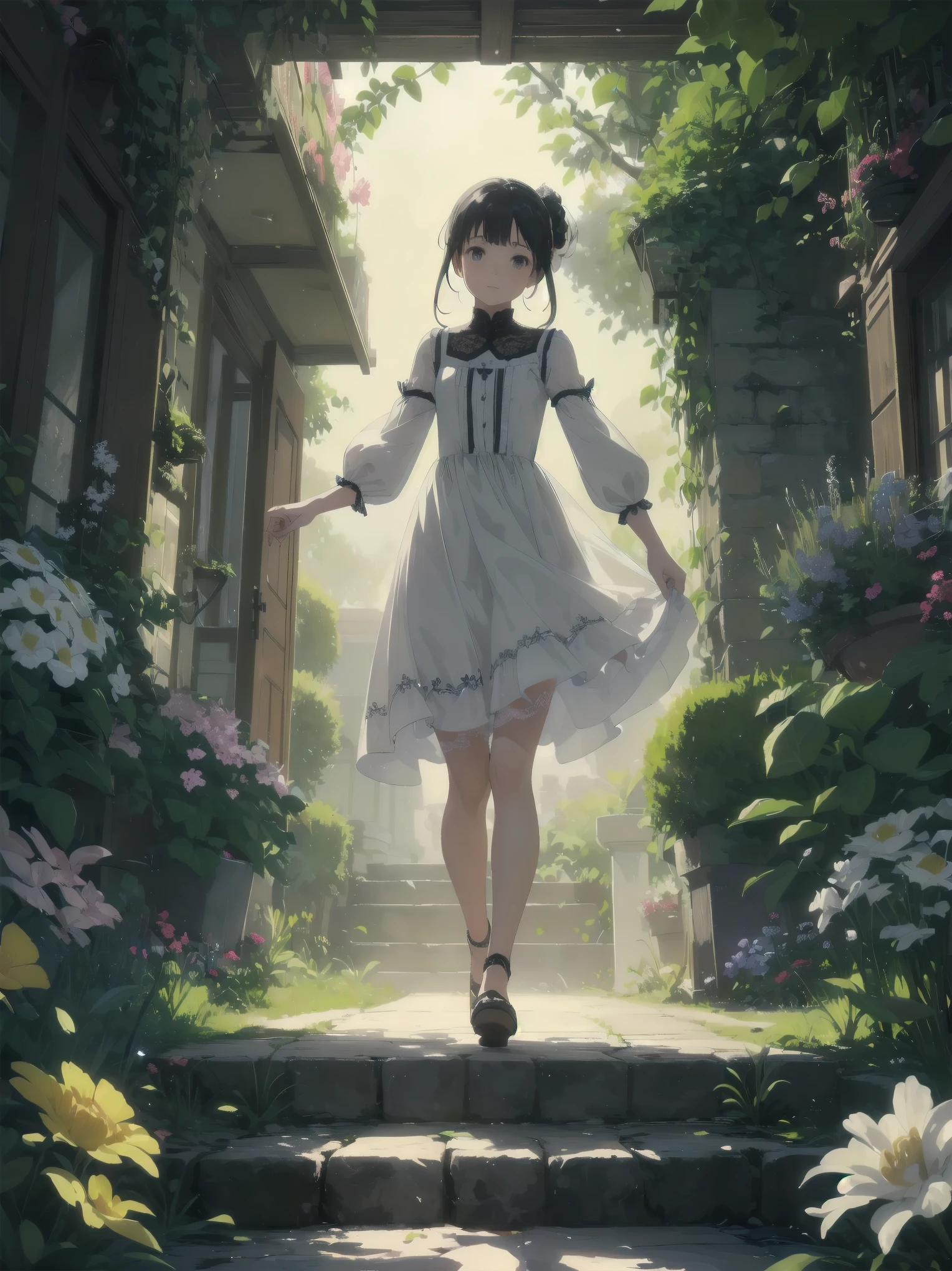 In this scene, a young girl is strolling through a heavenly garden. Her dress is neat and clean, meticulously crafted with multiple ruffles and lace, and feels fluffy, as if she is walking in a dream. The dress has a fantastic glow of interwoven light particles that harmonize with the surrounding fluorescent flowers and colorful glowing steam. The garden is so beautiful that it belongs in a fantasy world, symbolizing the serenity and peace of heaven. Tiny light particles appear at the girl's feet, glowing with her steps and illuminating her path.