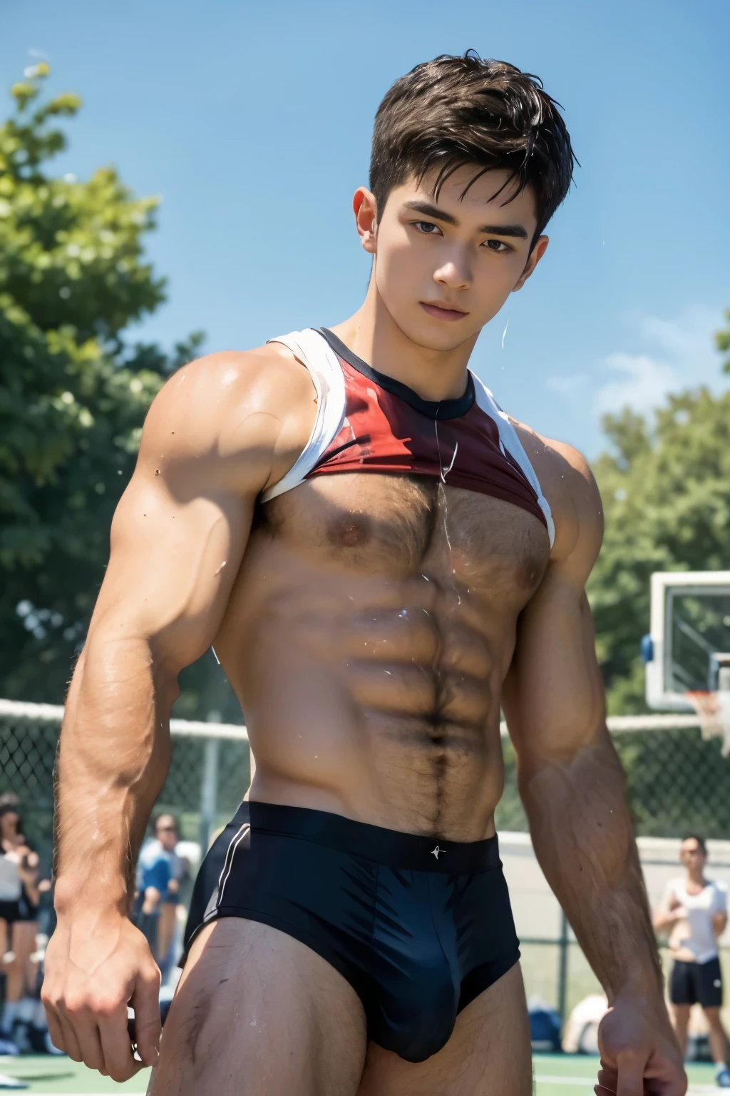 Sport sleeveless shirt, bend over, Very sunny day, very wet body, Hairy stomatch, very hairy abs, Very bushy hairy armpits, hairy pubic, hairy crotch, white sleeveless shirt, Super Realistic photography, PROUDLY SHOWING OFF HIS BODY, student Wearing white tanktop, NO PANTS, DETAILED, sexy student, wearing soaked tanktop, ABS EXPOSED, Very wet body, very wet, crowded outdoor school court, pantless just wearing soaked white thong, Showing off his very hairy armpits, Slim fit body, teenager, very cute boy face, 17 years y young teenager boy, Aourt scenery, in the middle of Crowded court, dickprint, Sweat dripping all over the body, Proudly showing off his sweaty very hairy armpits to student in the sport court, The colors are bright and vibrant, enhancing the overall aesthetic. The lighting is soft and natural, casting a soft glow on the boy, don't merge body's, detailed eyes and lips, sixpack and fit body. Image quality is of the highest standard, with ultra-detailed features and a realistic appearance.