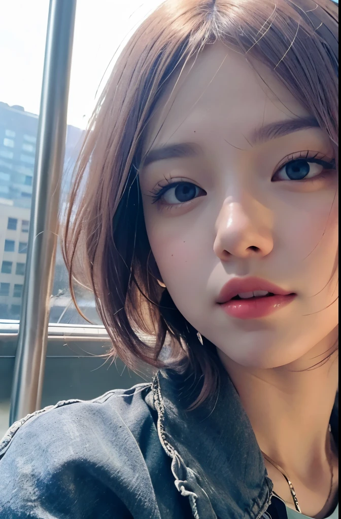 High resolution, highest quality, , Super detailedな, (detailed face), (fine eyes), soft lighting, highest quality, hazy shine, dreamy atmosphere,, knit,colorful), cowboy shot, from below, outdoor, morning, cloud, tall buildings in the background, industrial, public transport, urban, concrete buildings, concrete, sidewalk, busy, wood, autumn, Fallen leaves, (8K, highest quality, masterpiece:1,2), (realistic, the photo is real:1.37), Super detailed, one girl,), (very detailed), (beautifully fine eyes), (highest qualityの), (Super detailed ), (masterpiece), (detailed face),20-year-old, ,1 girl, full body, pink hair,very short hair, medium breasts, dressed:1.5 , perfect lighting, chest focus, looking at the viewer, excited face, naughty face,