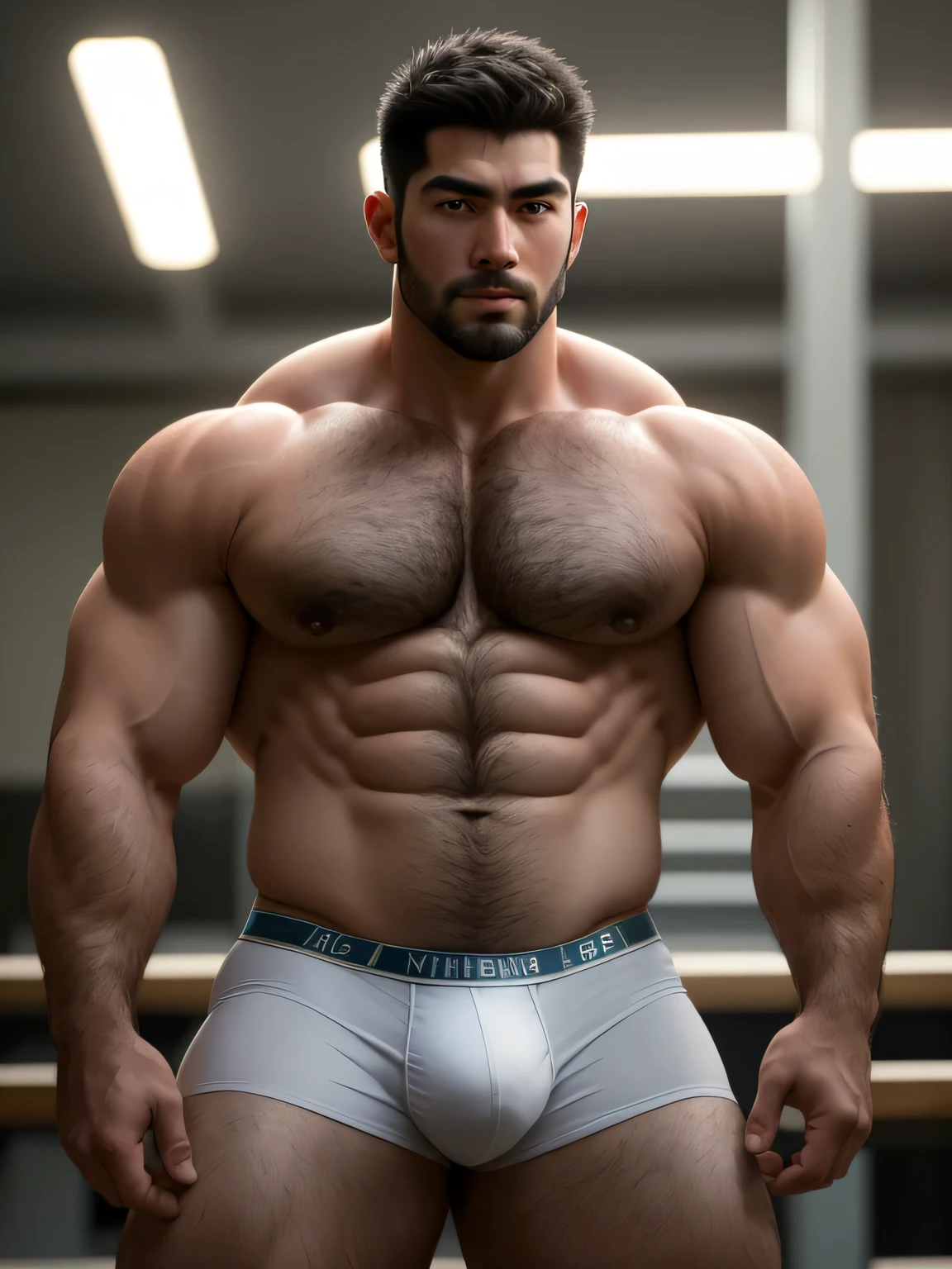 wild muscular man, (30-year-old dad:1.1), asian sportsman, short hair, chest hair, body hair, sexy, manly, powerful weapon, 1 person, alone, (big shoulders, muscle tissue, stubble, short beard, beautiful eyes:1.3, ), (chengjianbin:1), (Weijen Long:1), (detailed face:1.3), dynamic angle, dramatic pose, volume lighting, (highest quality, High resolution, realistic), cinematic lighting, masterpiece, Raw photo, intricate details, HDR, detailed speedometer, big underwear bulge, huge lower body, thick legs, huge muscles, thick chest plate,