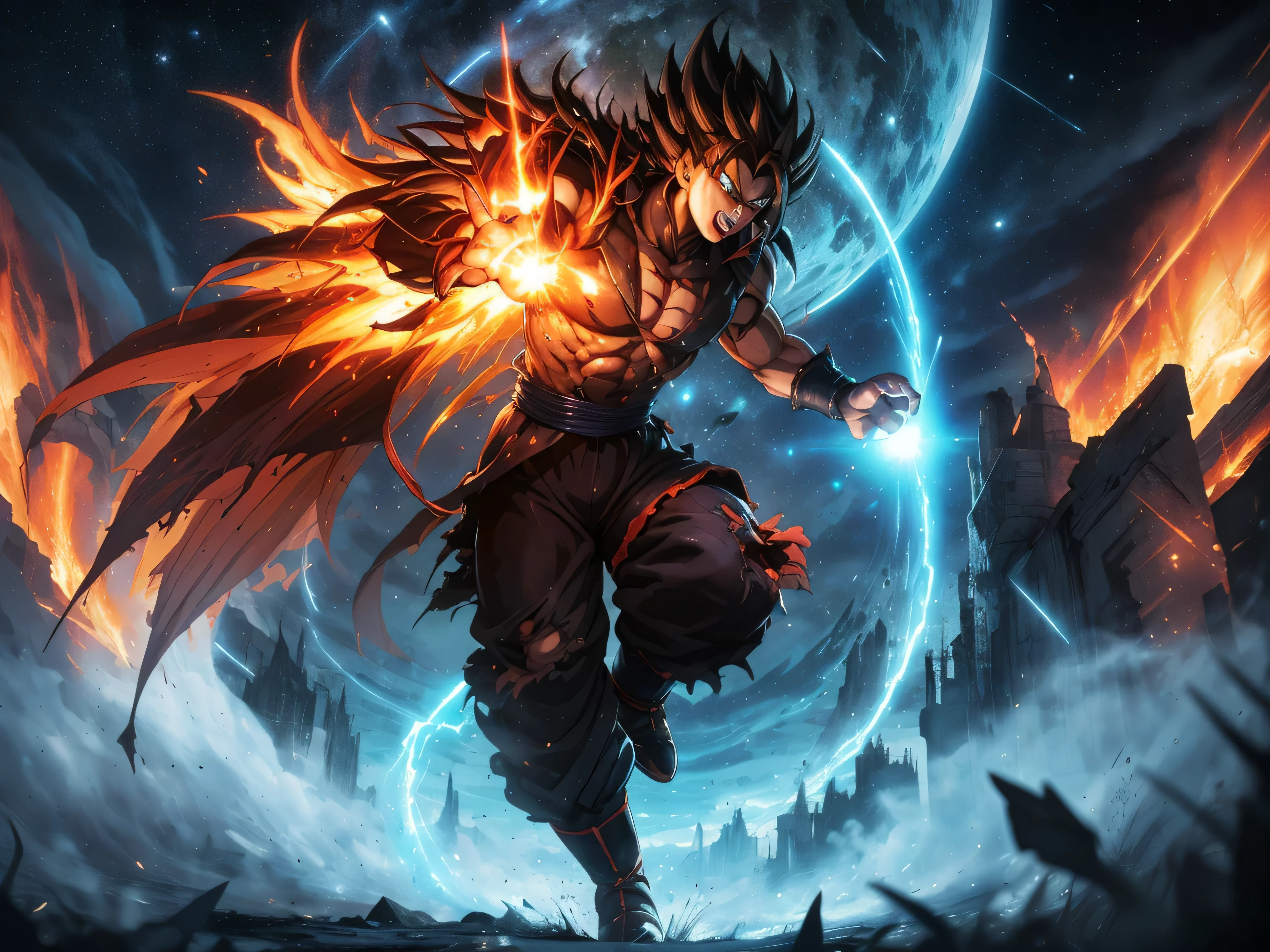 Get ready for a visual feast with the Dark Lord, A being with a handsome face and piercing red eyes. In his transformed state, He exudes extreme instinct and strength, Make an epic animation about this energy man. Watch him control fire and lava in stunning animated artwork,Leave you in awe. This concept art comes straight from the Dragon Ball universe, Comic-style 8k wallpapers take you into another dimension. Prepare to be amazed by this detailed digital animation art, Showing the ultimate blend of style and power.