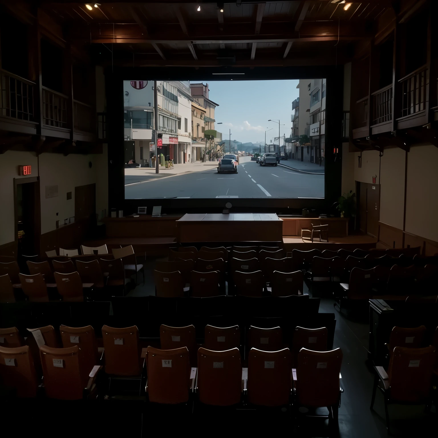 The scene is set in a 1950s Taiwanese movie theater, where patrons are seen searching for seats on the second floor. On the left side, the railing offers a partial view of the large screen showing black and white classic films (the sole source of light). To the right of the railing, there are two rows of chairs, all facing sideways to the left (these chairs are made of Taiwanese cypress and form long benches). This scene evokes nostalgia for the architectural heritage of Lukang Old Street. The theater features traditional Minnan-style cement window frames and a façade crafted from a combination of cement and wood. The illustration should capture the authenticity of the era, showcasing intricate details such as the wooden beams supporting the traditional ceiling. Emulate the vibrant colors and rich textures of color film photography, presenting the 1950s cinema experience with maximum realism and attention to detail.