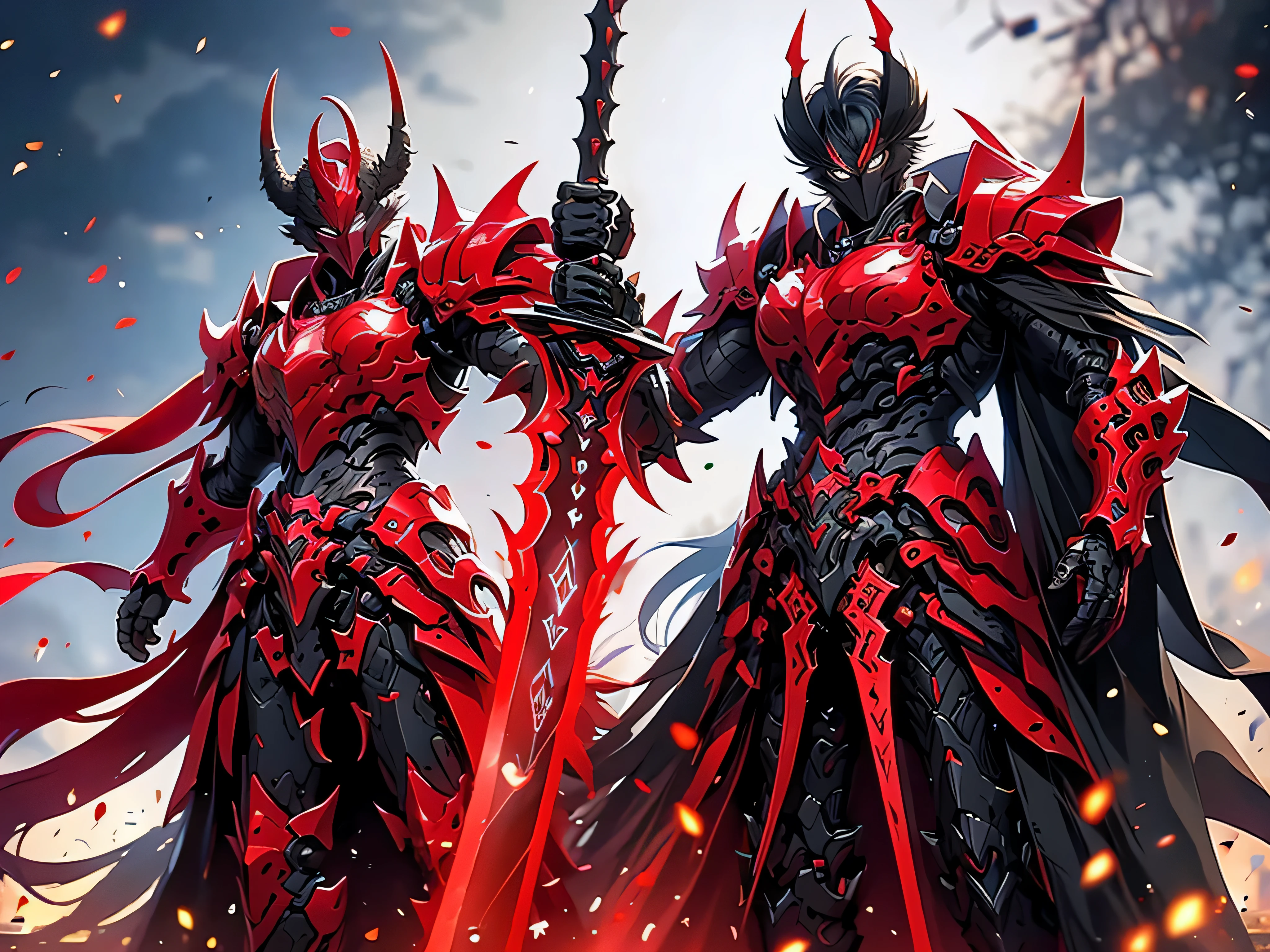 Close-up of a man holding a sword and a red light, ruler of hell, Beautiful male god of death, Black色火色反射装甲, A demonic warrior warrior, A demonic warrior, 《Genshin》Ke Qingyu, Time Harvest King, Ares with heavy armor and sword, cinder lord, Red Demon Armor, Black、red armor, blood red armor